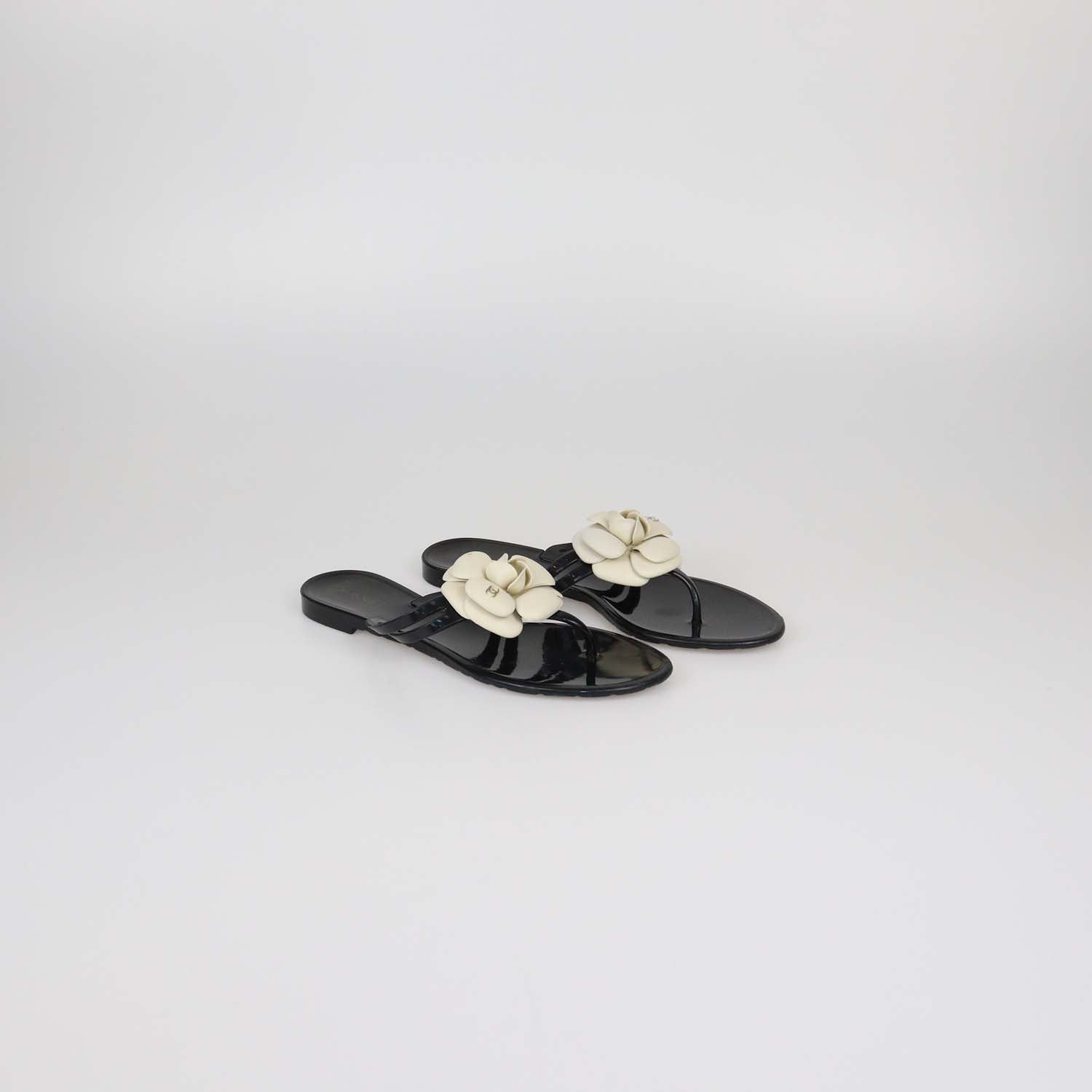 Chanel Black/Off White Rubber Camellia Thong Sandals