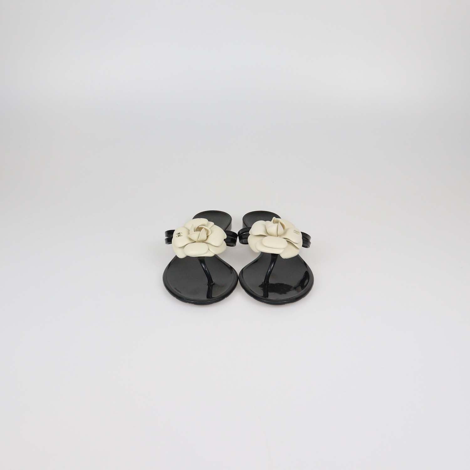 Chanel Black/Off White Rubber Camellia Thong Sandals