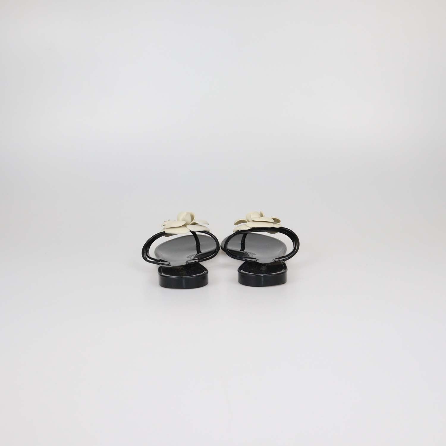 Chanel Black/Off White Rubber Camellia Thong Sandals