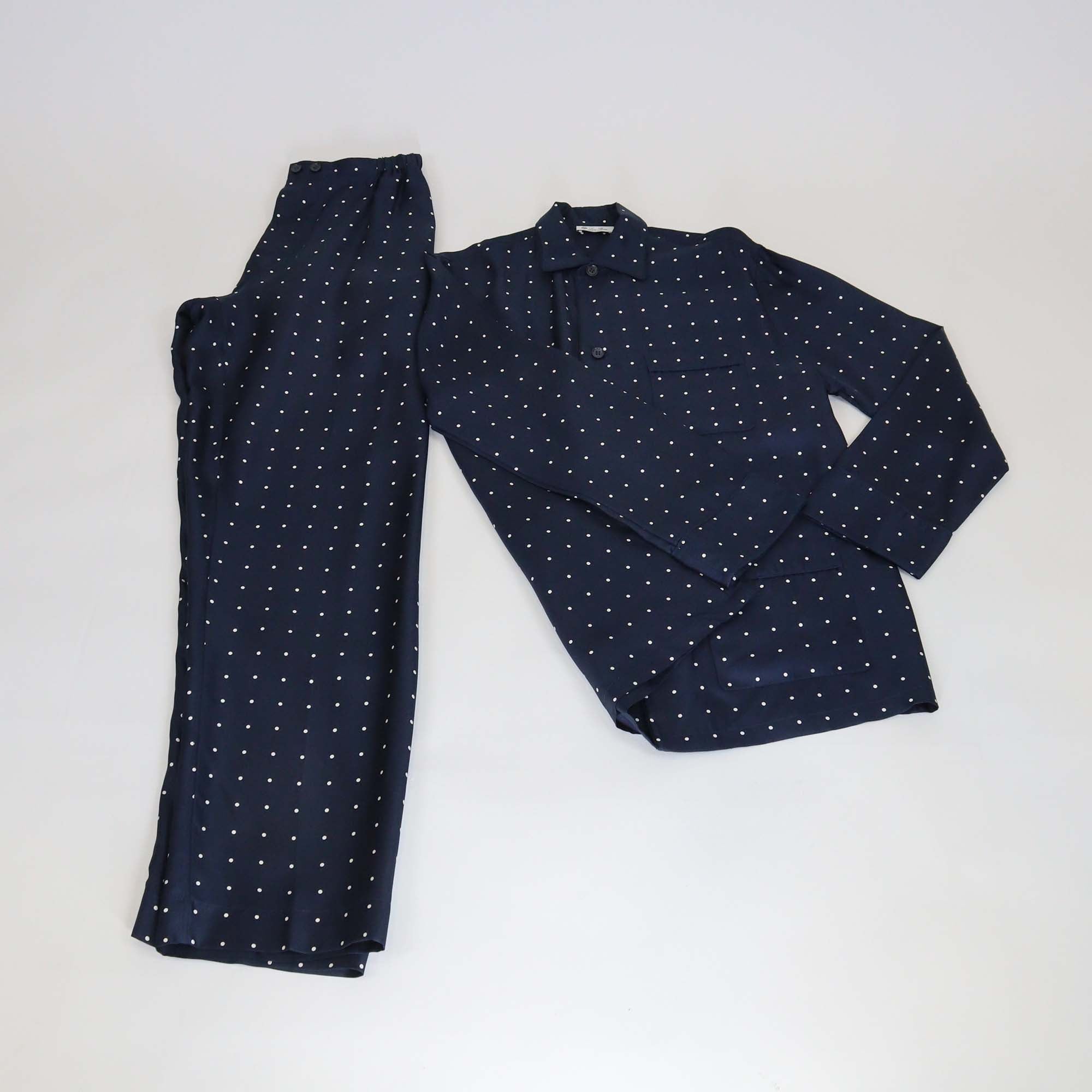 Loro Piana Navy Blue Silk Polka Dot Lian Pyjamas Shirt & Britton Trousers Set