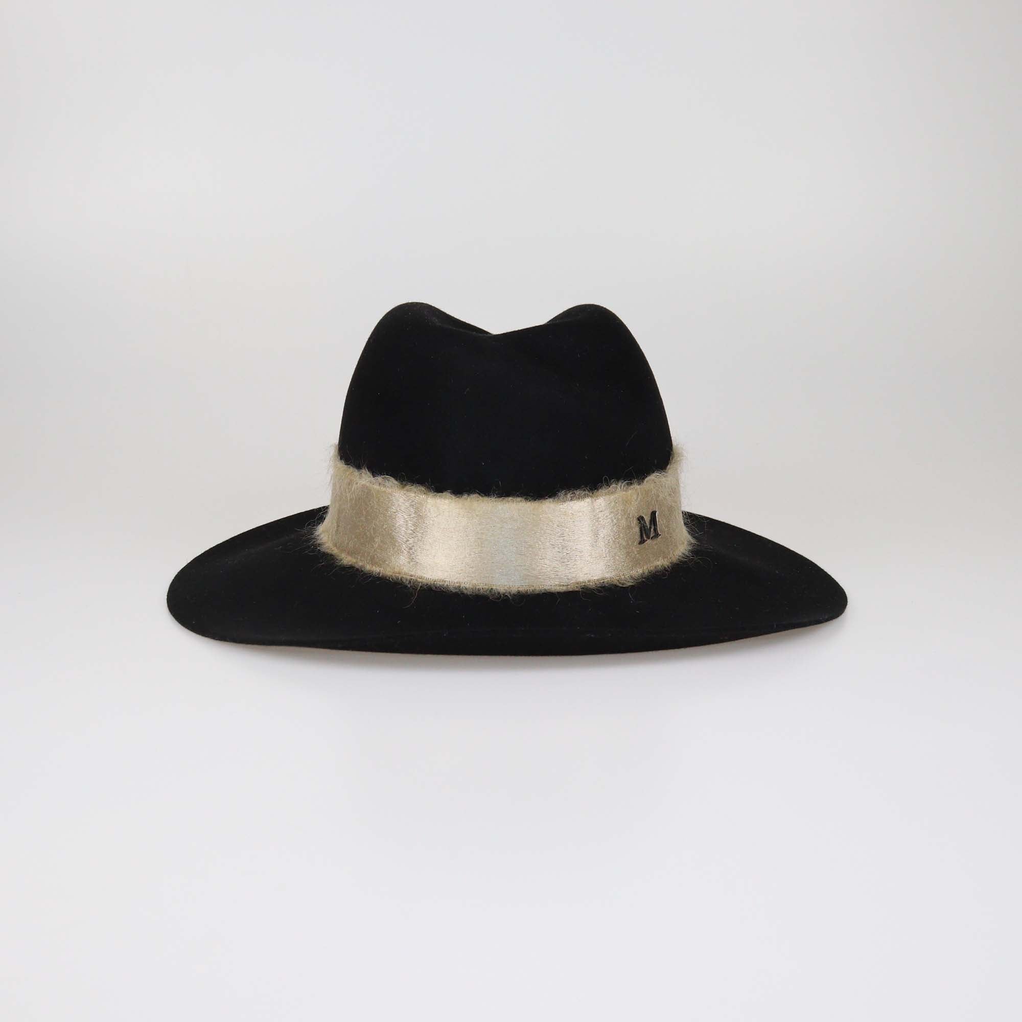Maison Michel Black Wool Felt Mohair Ribbon Logo Fedora Hat