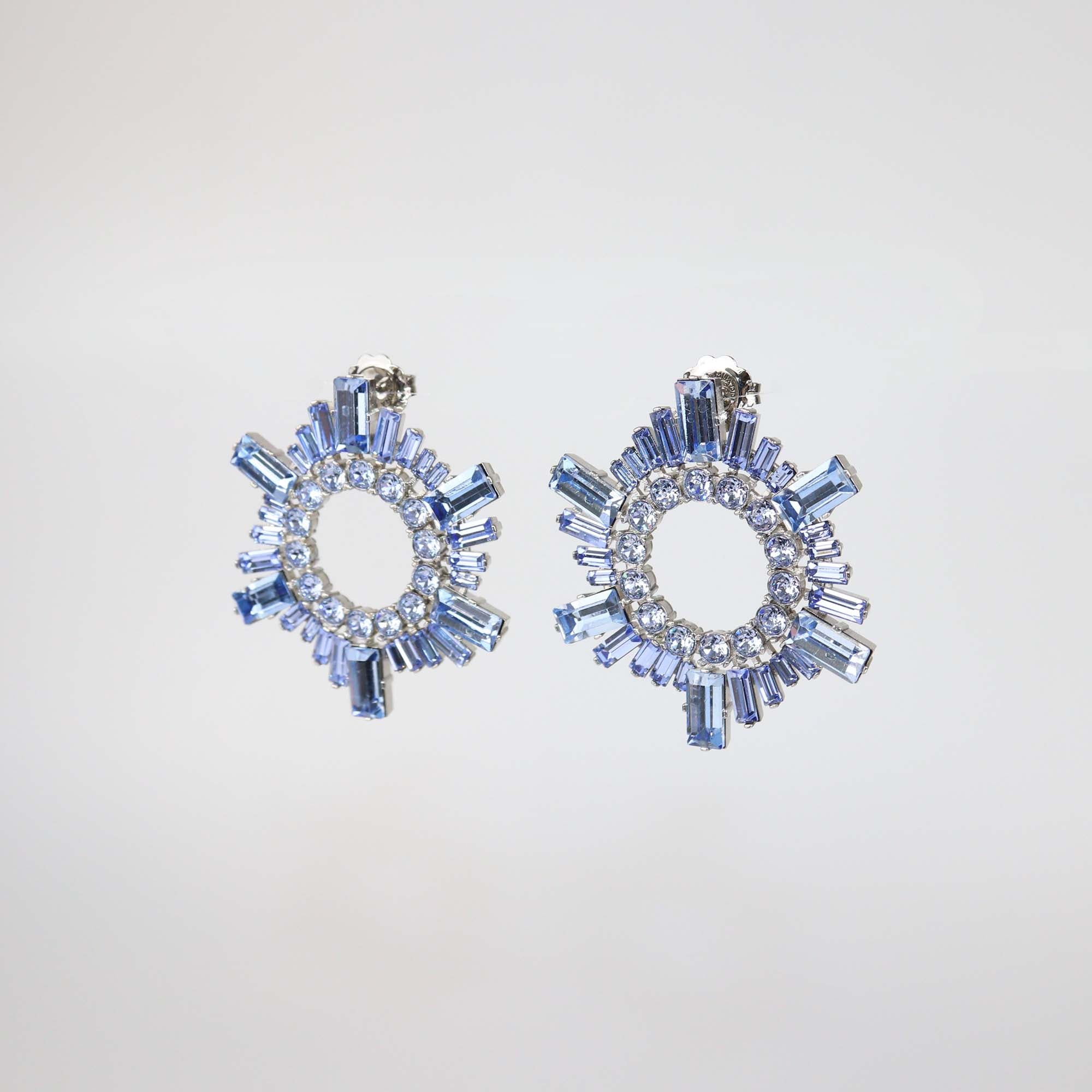 Amina Muaddi Blue Crystals Silver Base Mini Begum Earrings