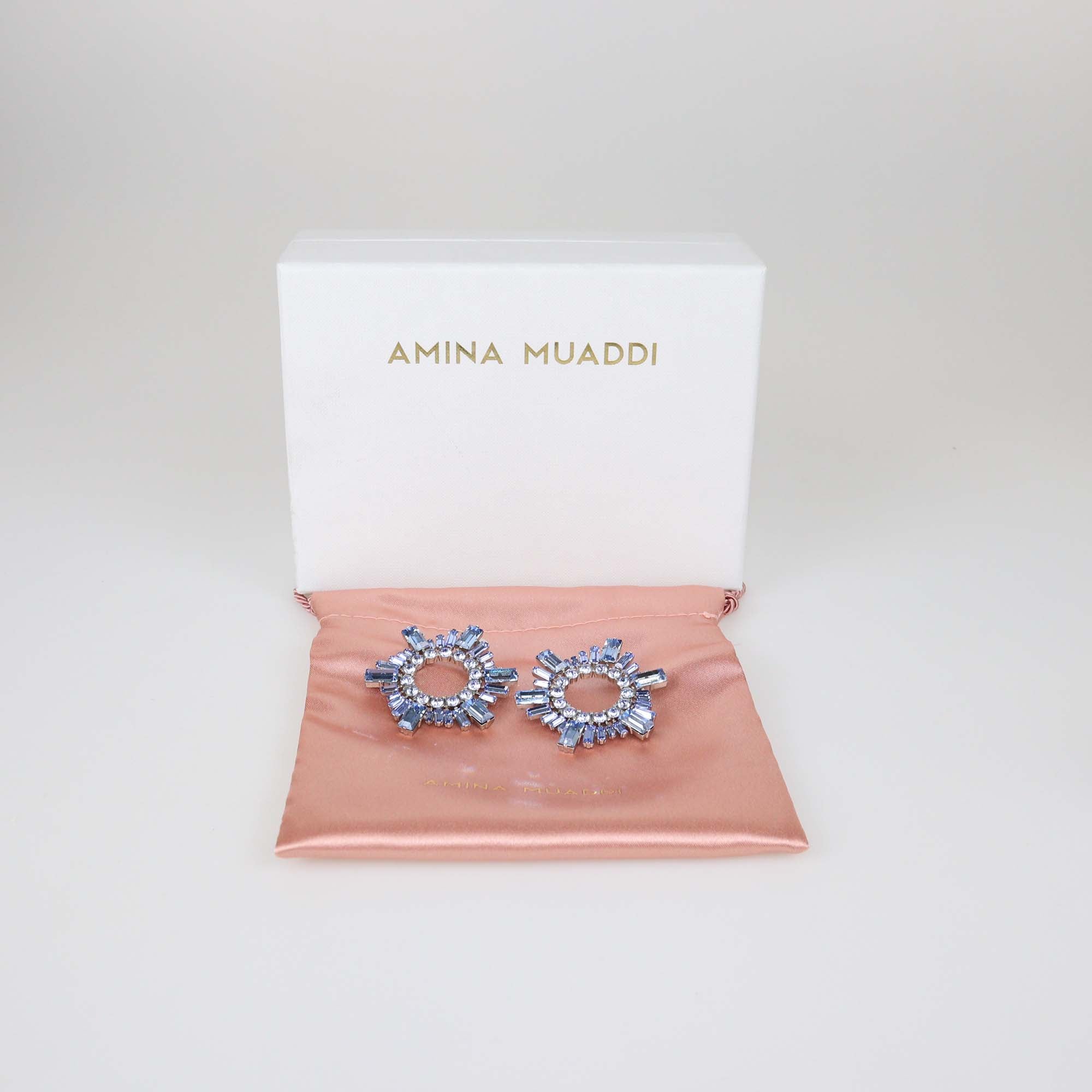 Amina Muaddi Blue Crystals Silver Base Mini Begum Earrings