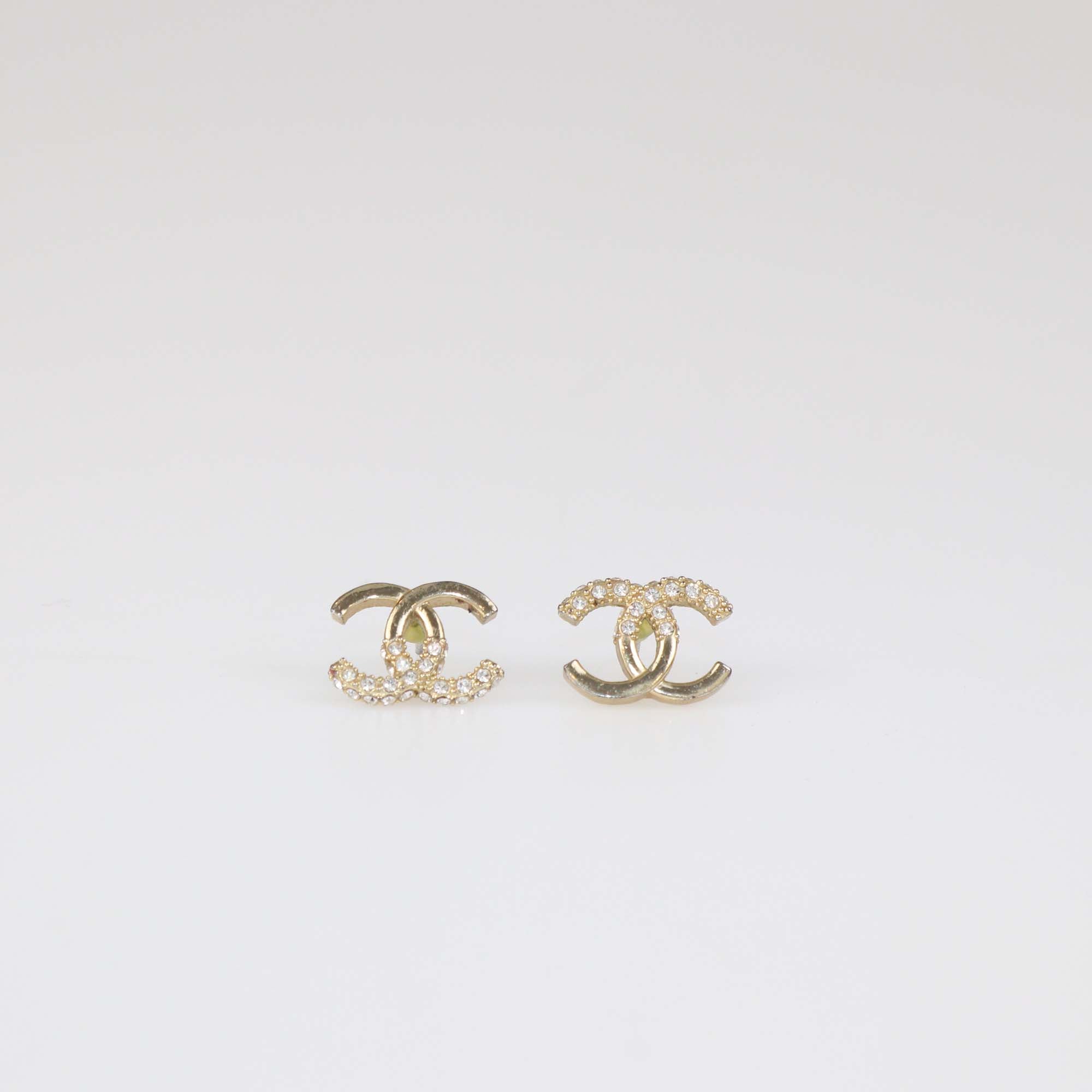 Chanel Gold Tone Metal CC Half Crystal Earrings