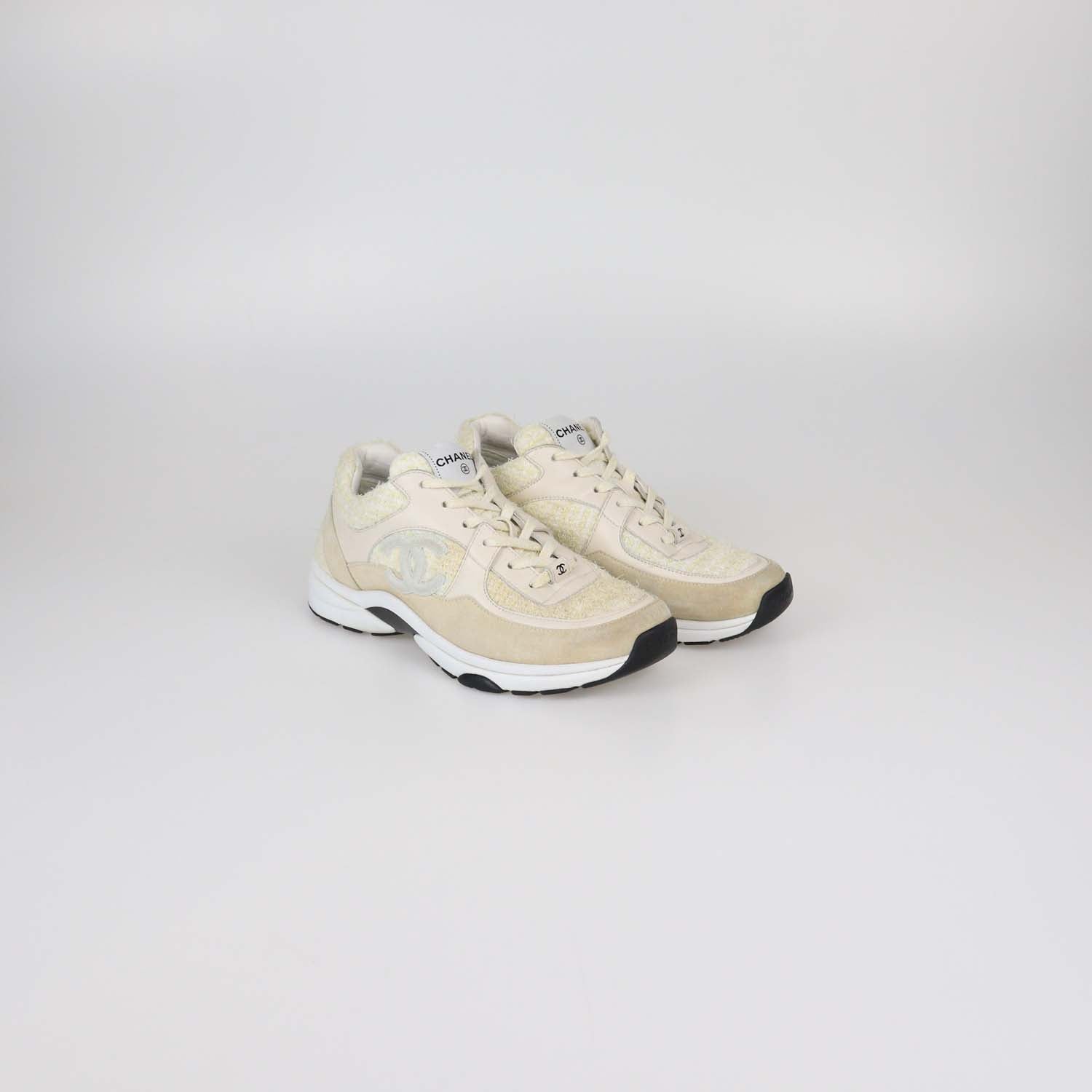 Chanel Beige/Yellow Tweed and Leather CC Low Top Sneakers