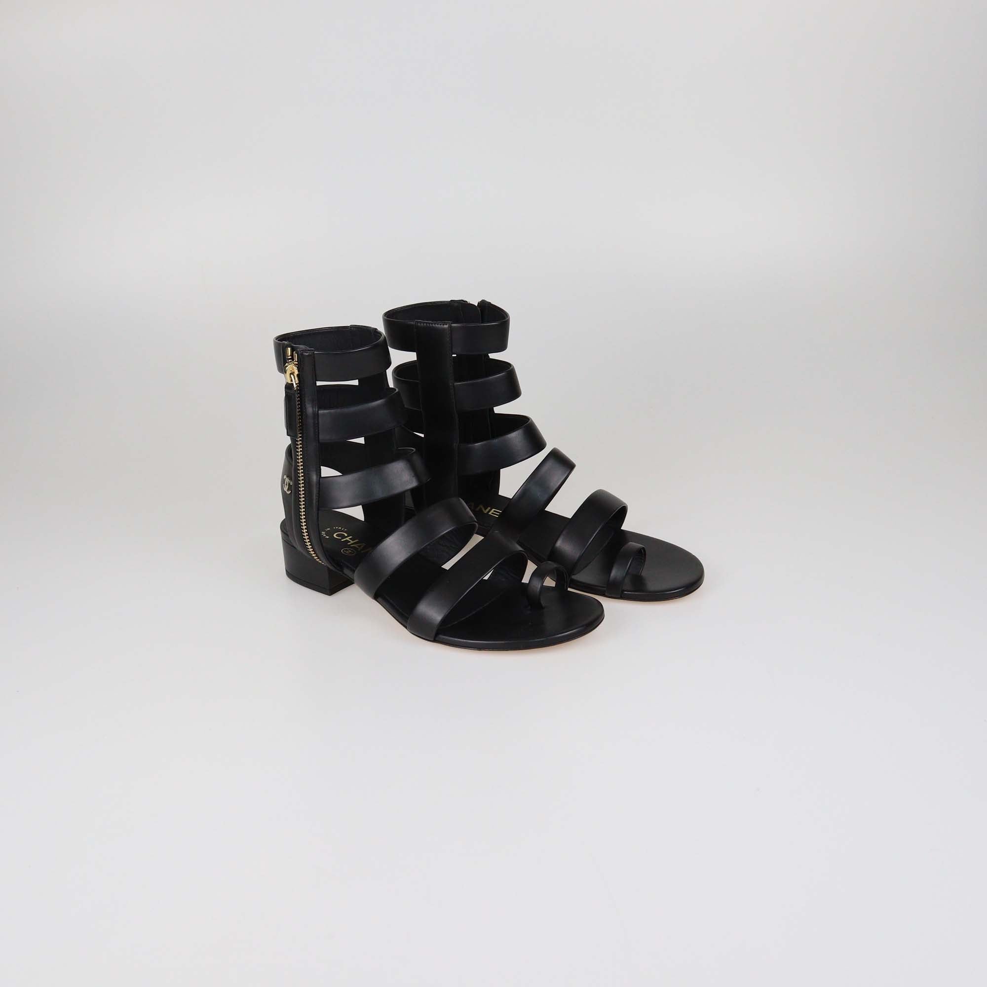 Chanel Black Leather CC Gladiator Flat Sandals