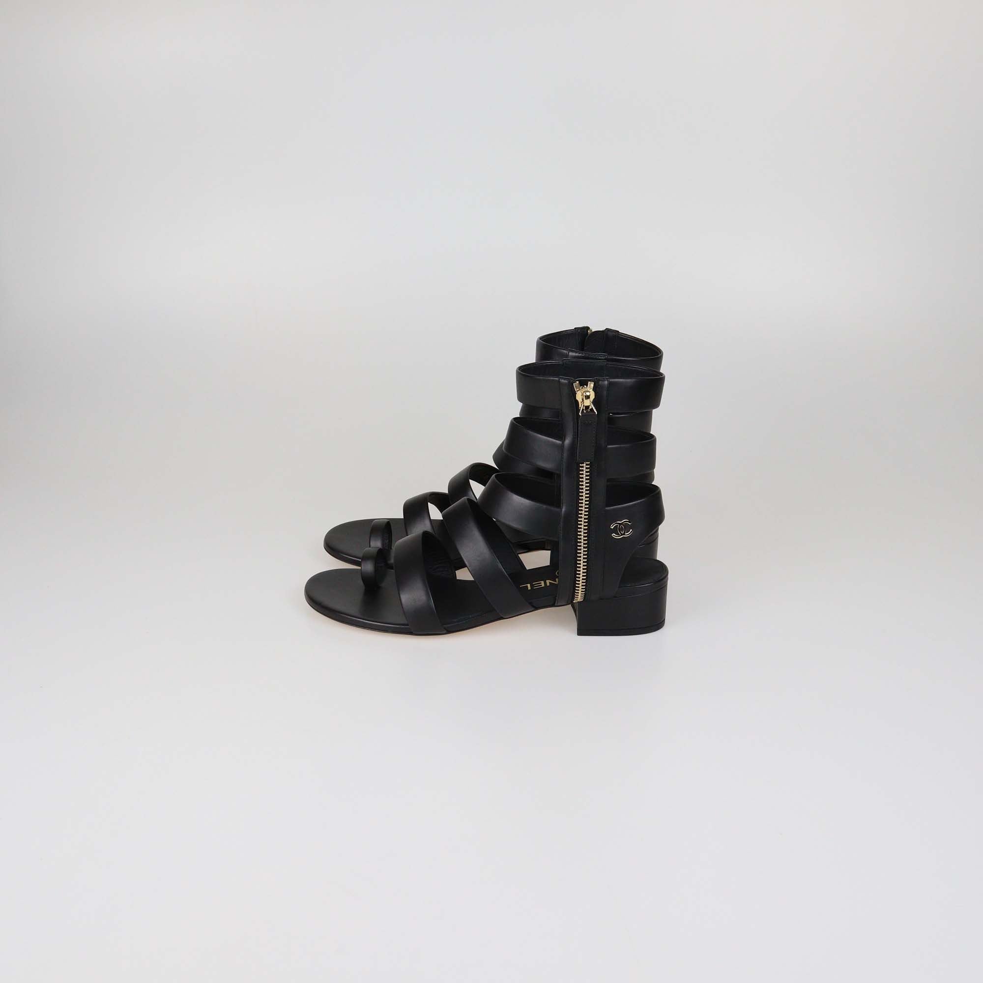 Chanel Black Leather CC Gladiator Flat Sandals