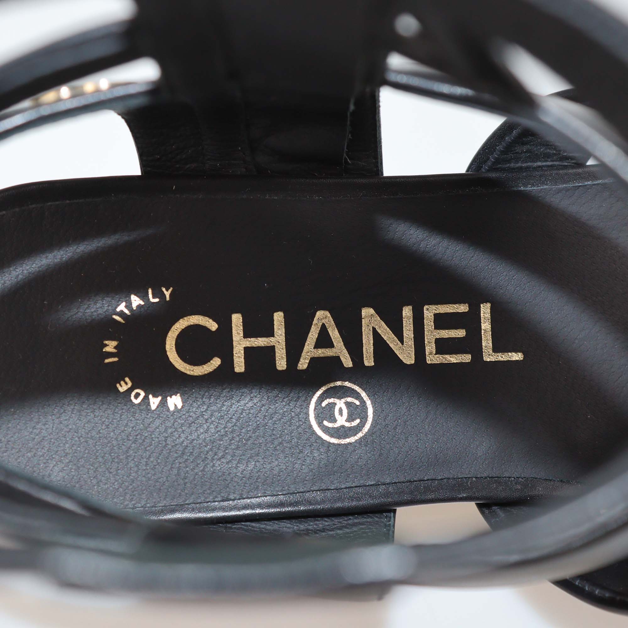 Chanel Black Leather CC Gladiator Flat Sandals