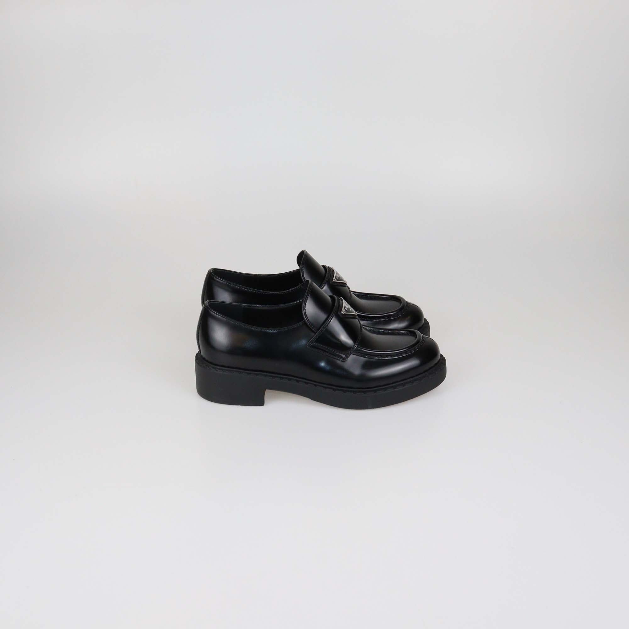 Prada Black Brushed Leather Logo Loafers