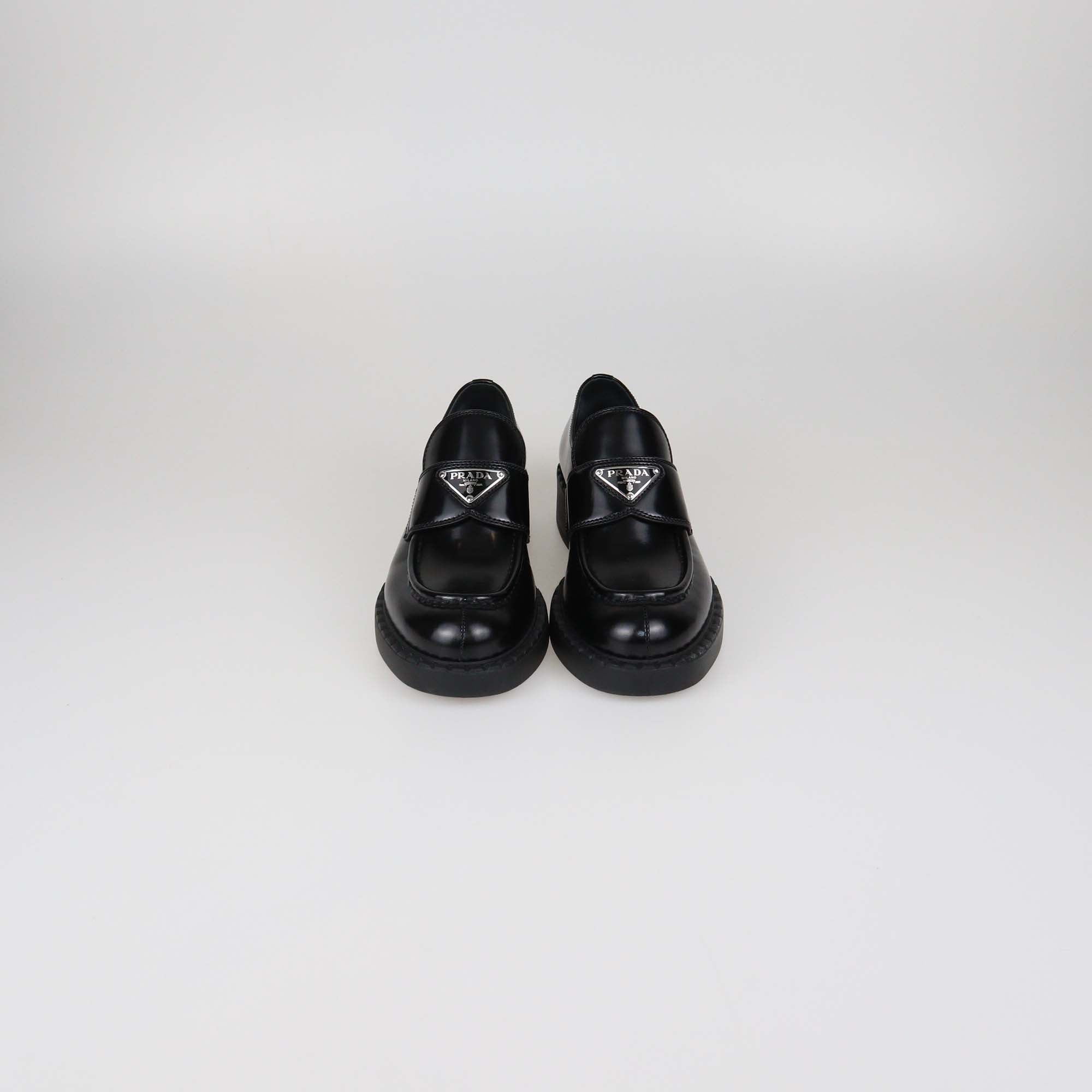 Prada Black Brushed Leather Logo Loafers