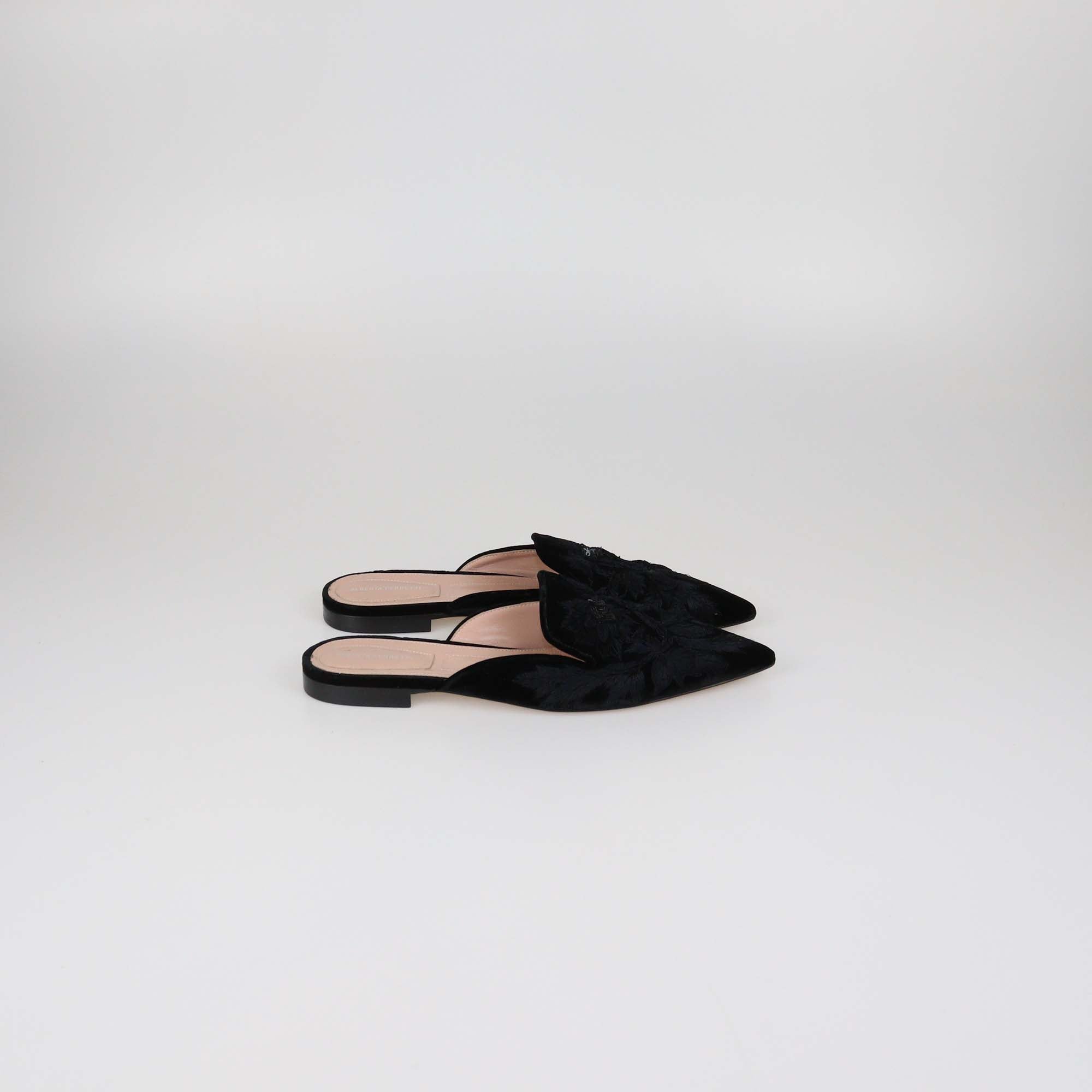 Alberta Ferretti Black Velvet Embroidered Mia Flat Mules