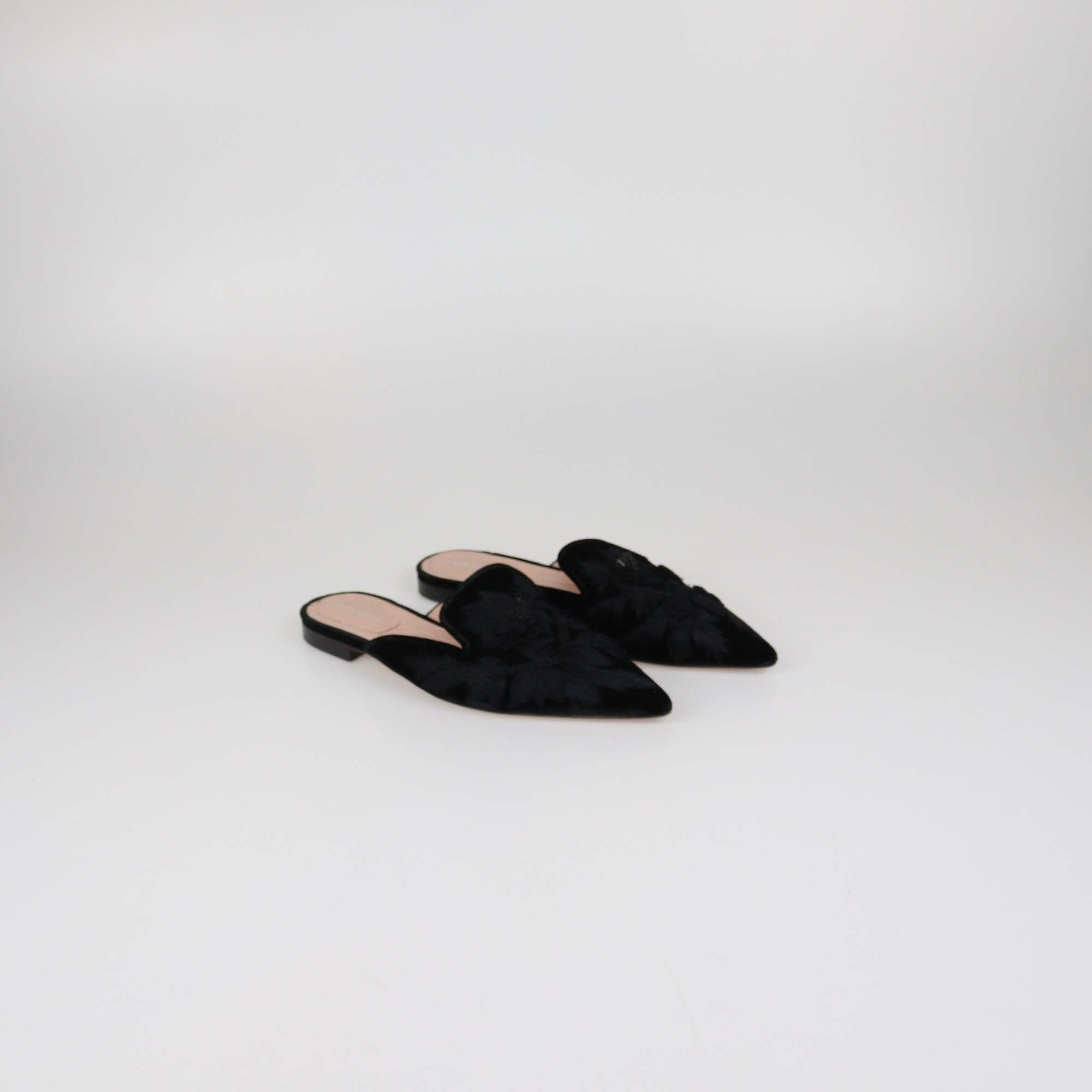 Alberta Ferretti Black Velvet Embroidered Mia Flat Mules