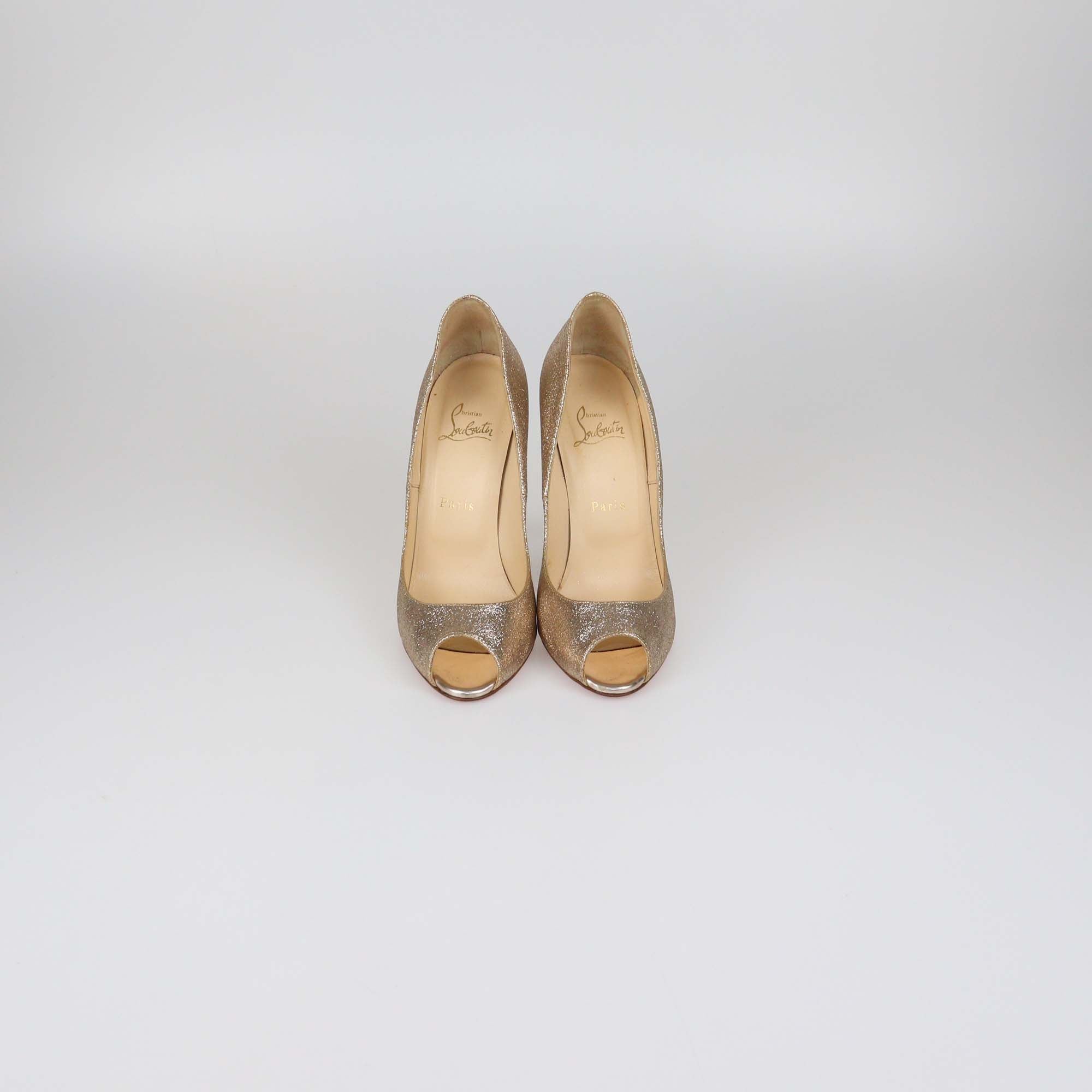 Christian Louboutin Rose Gold Glitter Youpi Peep Toe Pumps