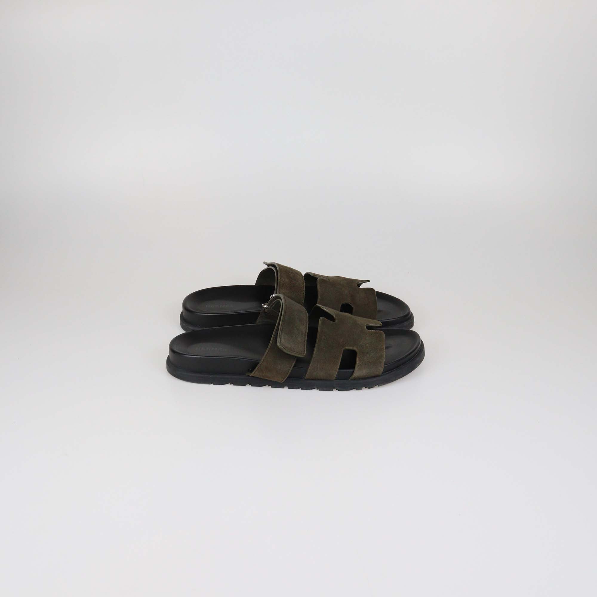 Hermes Olive Green Suede Chypre Sandals