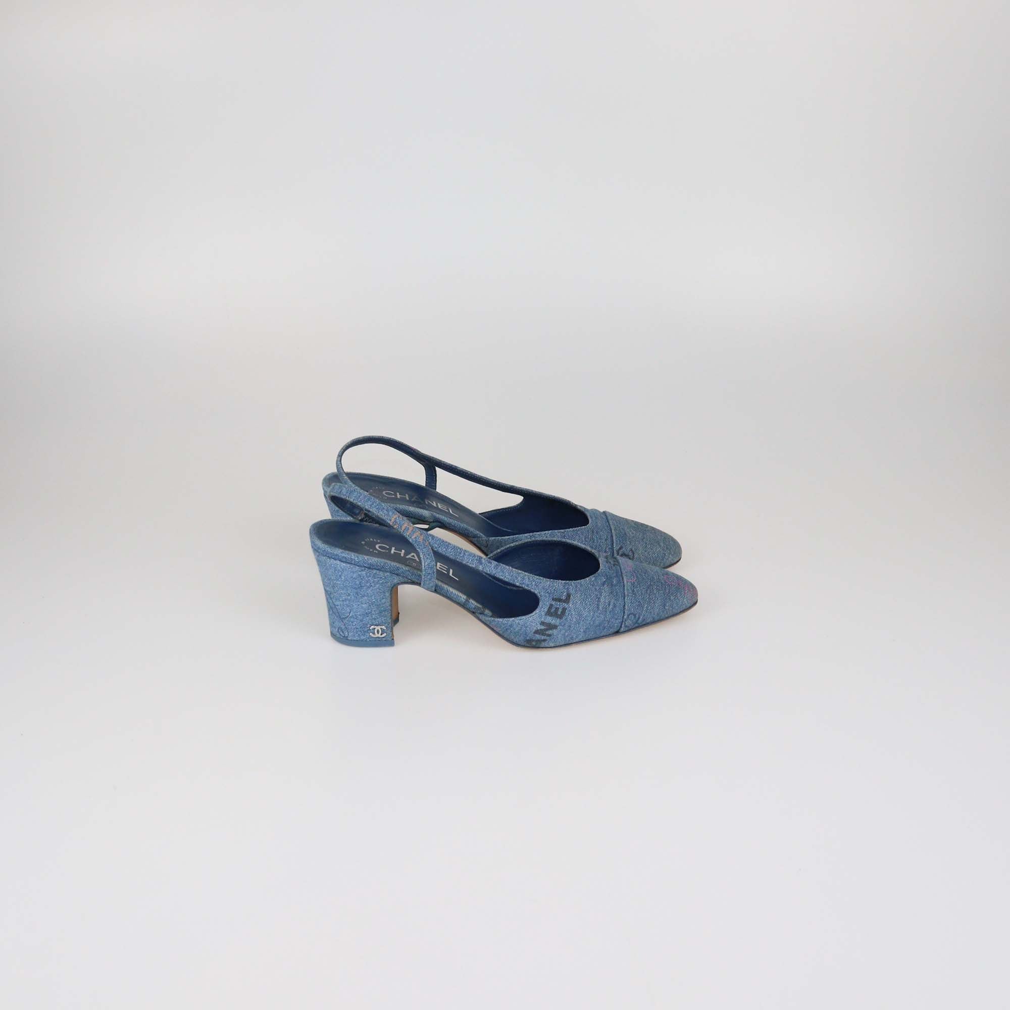 Chanel Blue Denim Printed Slingback Cap Toe Pumps