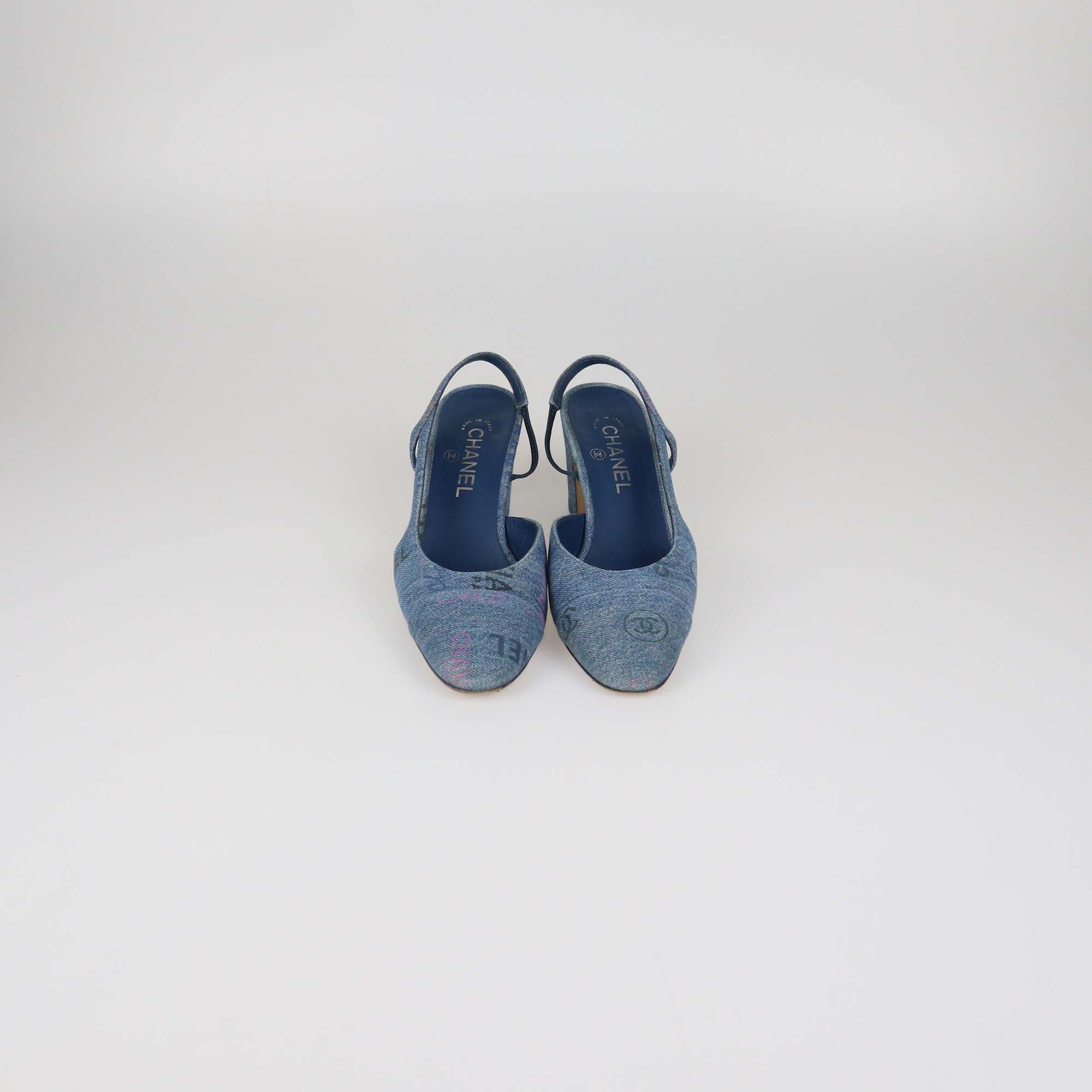 Chanel Blue Denim Printed Slingback Cap Toe Pumps