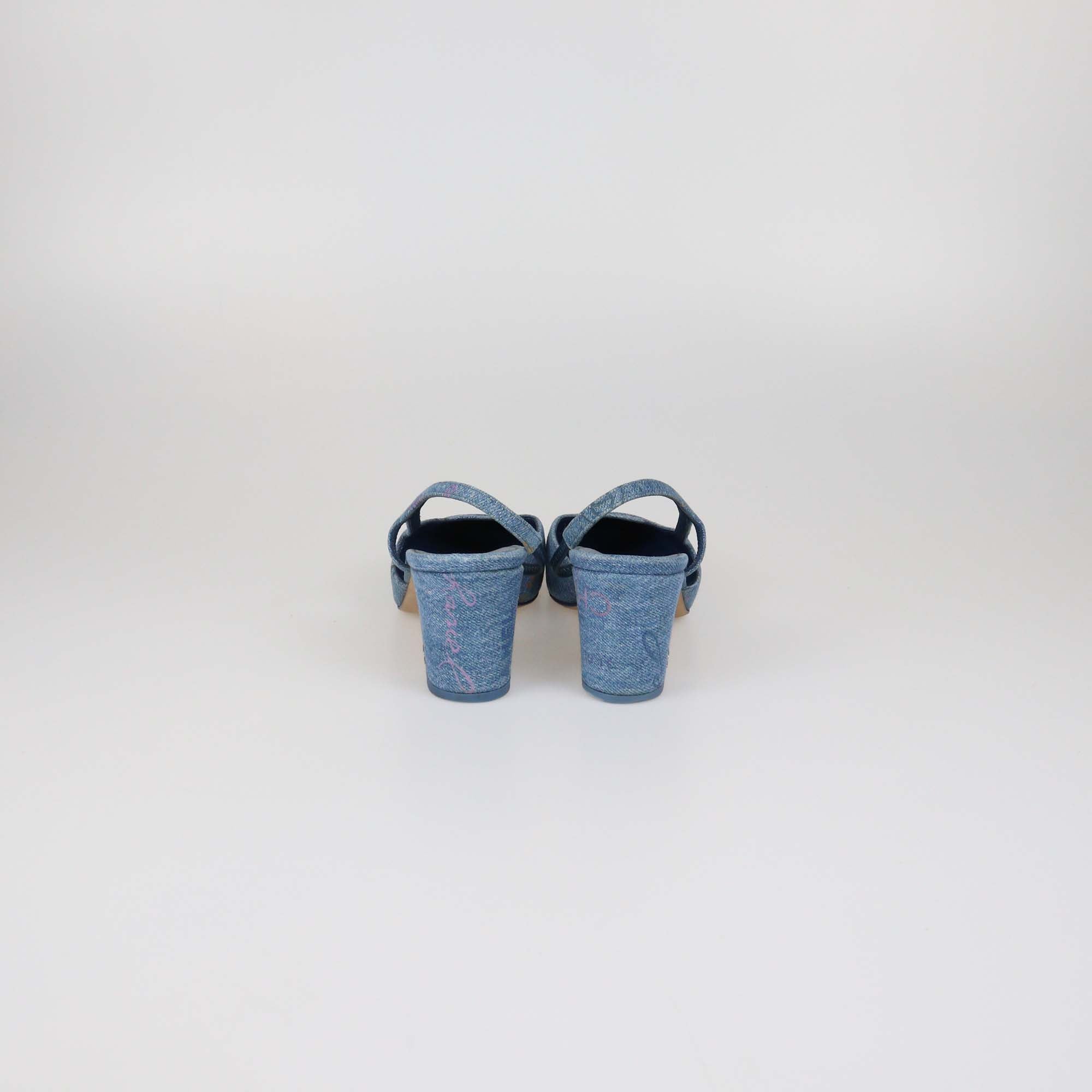 Chanel Blue Denim Printed Slingback Cap Toe Pumps