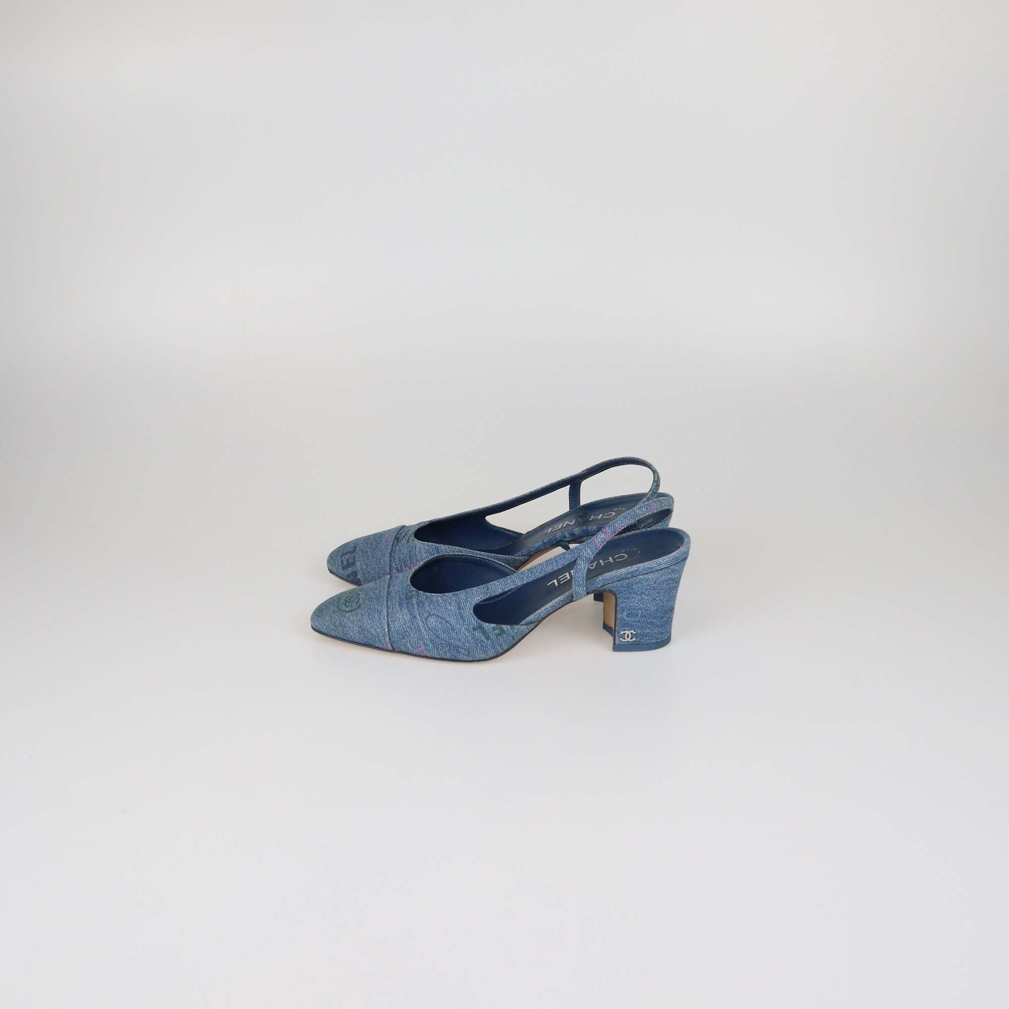 Chanel Blue Denim Printed Slingback Cap Toe Pumps