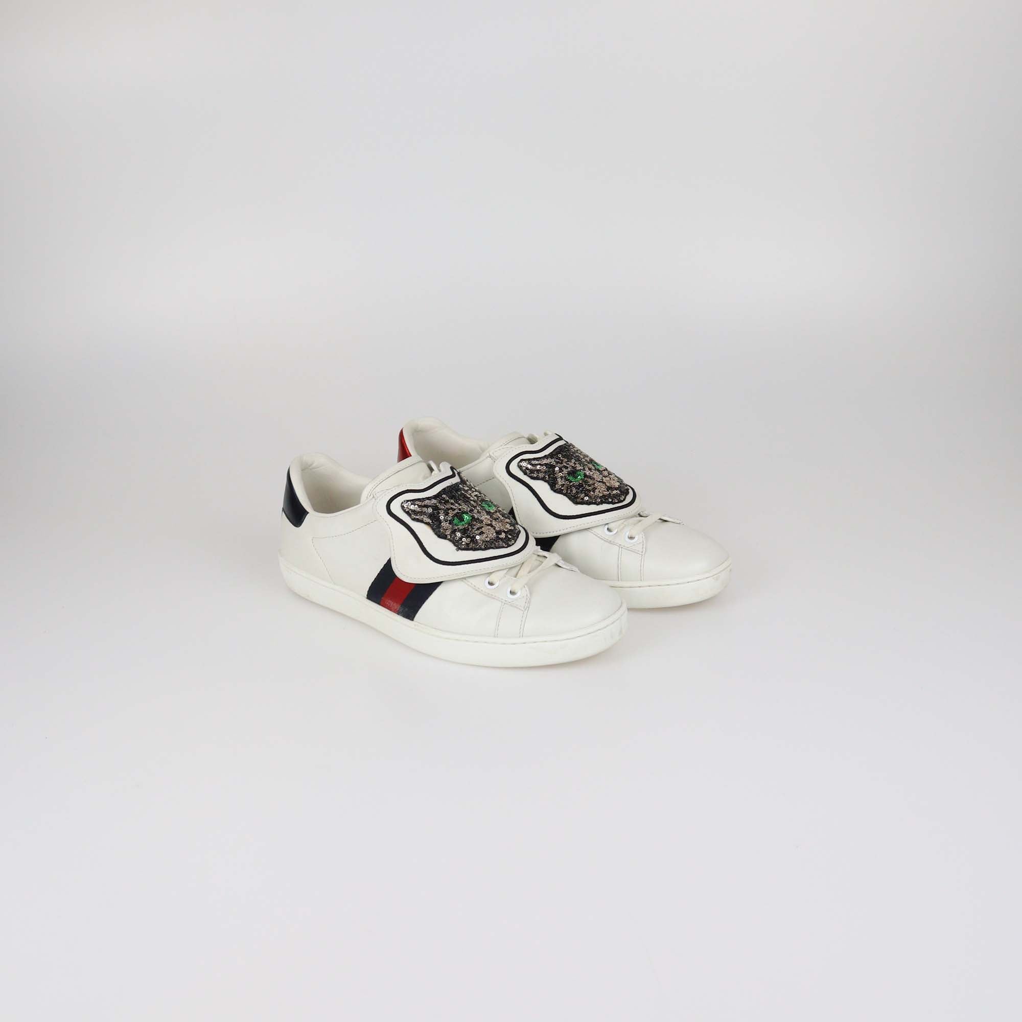 Gucci White Leather Web Ace Cat Patched Sneakers