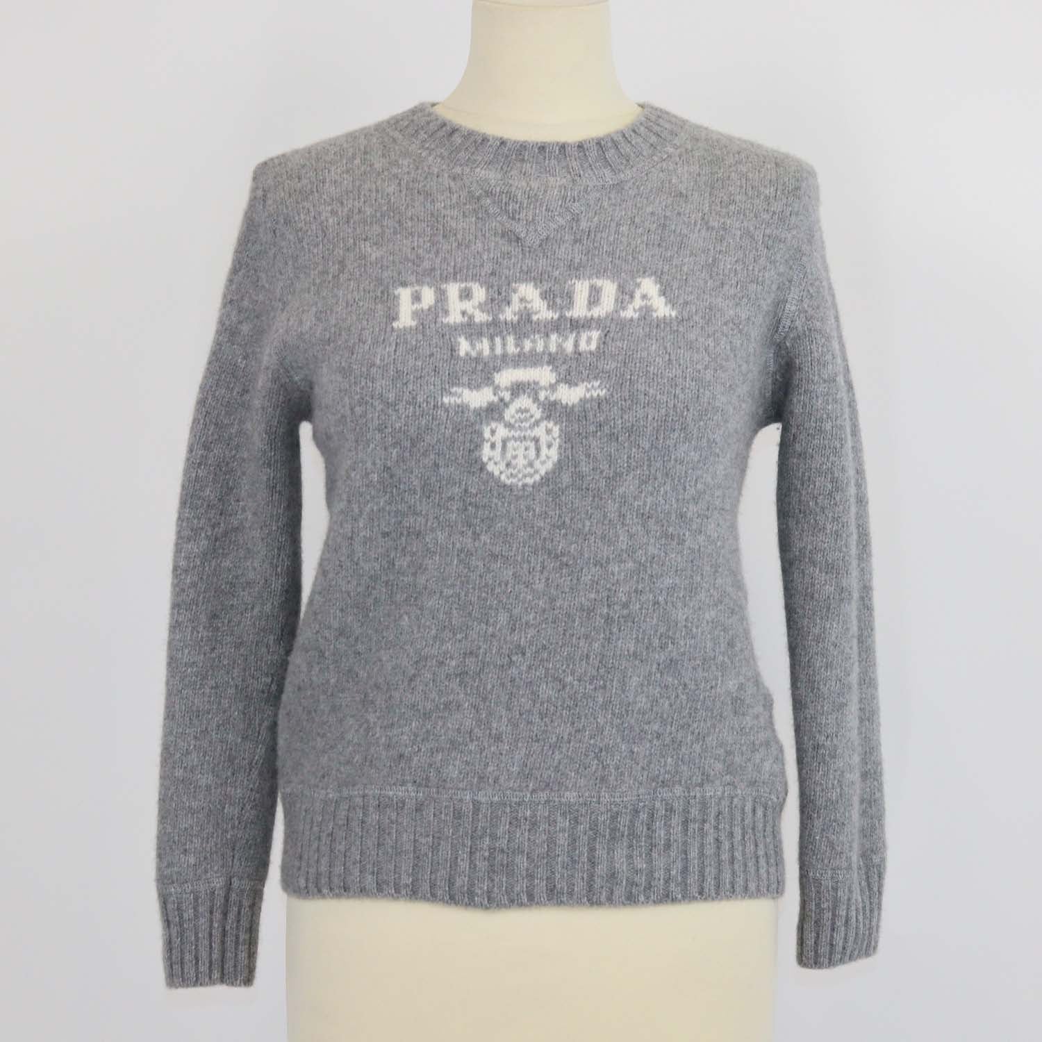 Prada Grey Cashmere and Wool Logo Crew Neck Sweater