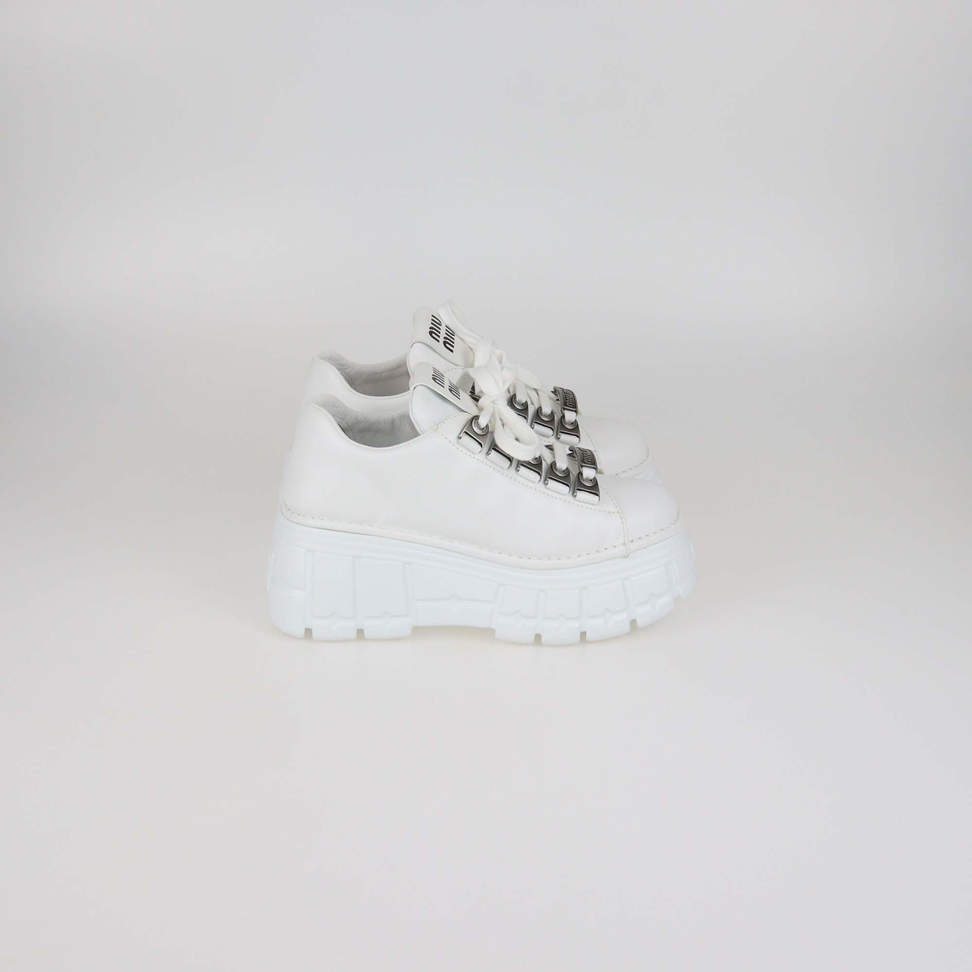 Miu Miu White Leather Low Top Platform Sneakers