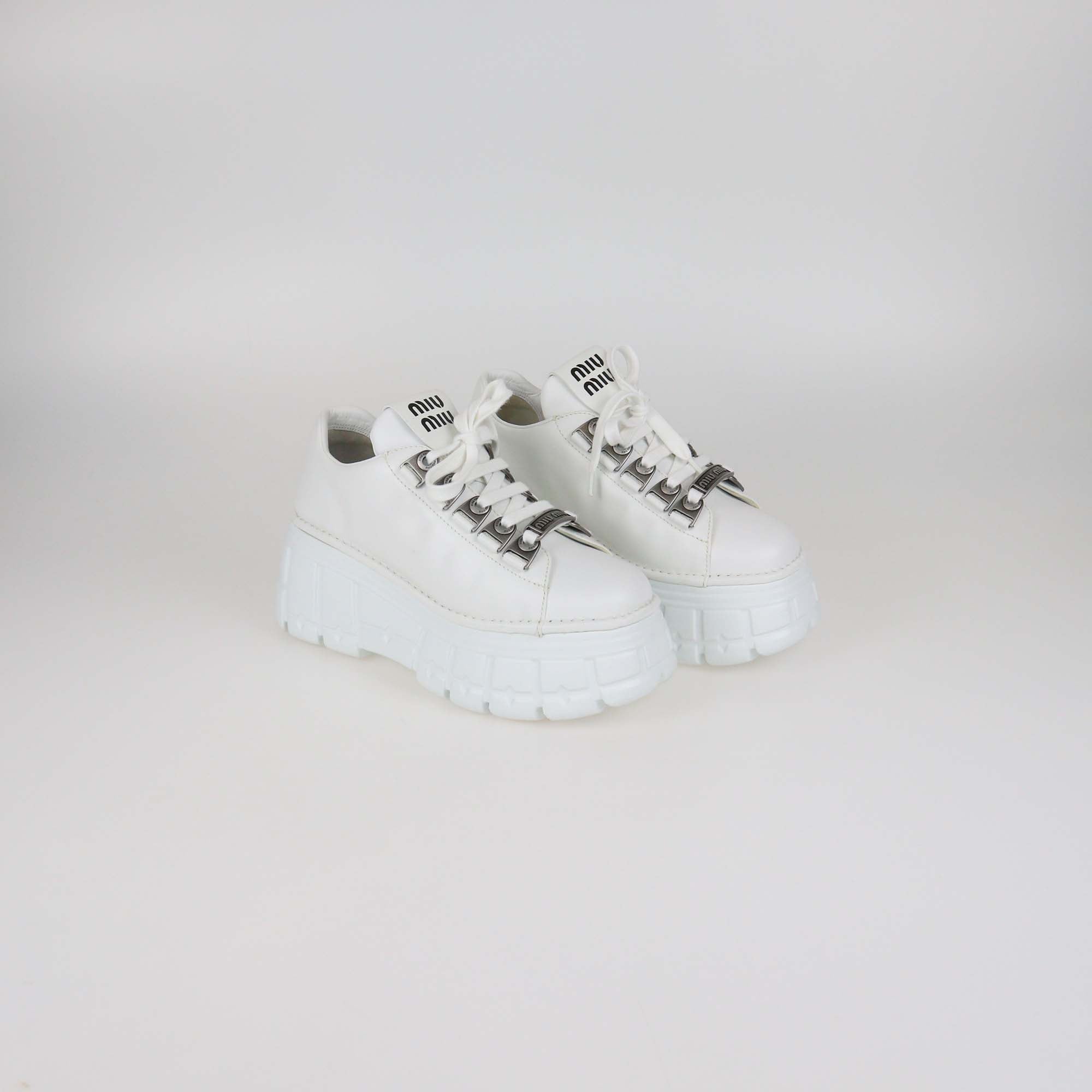 Miu Miu White Leather Low Top Platform Sneakers