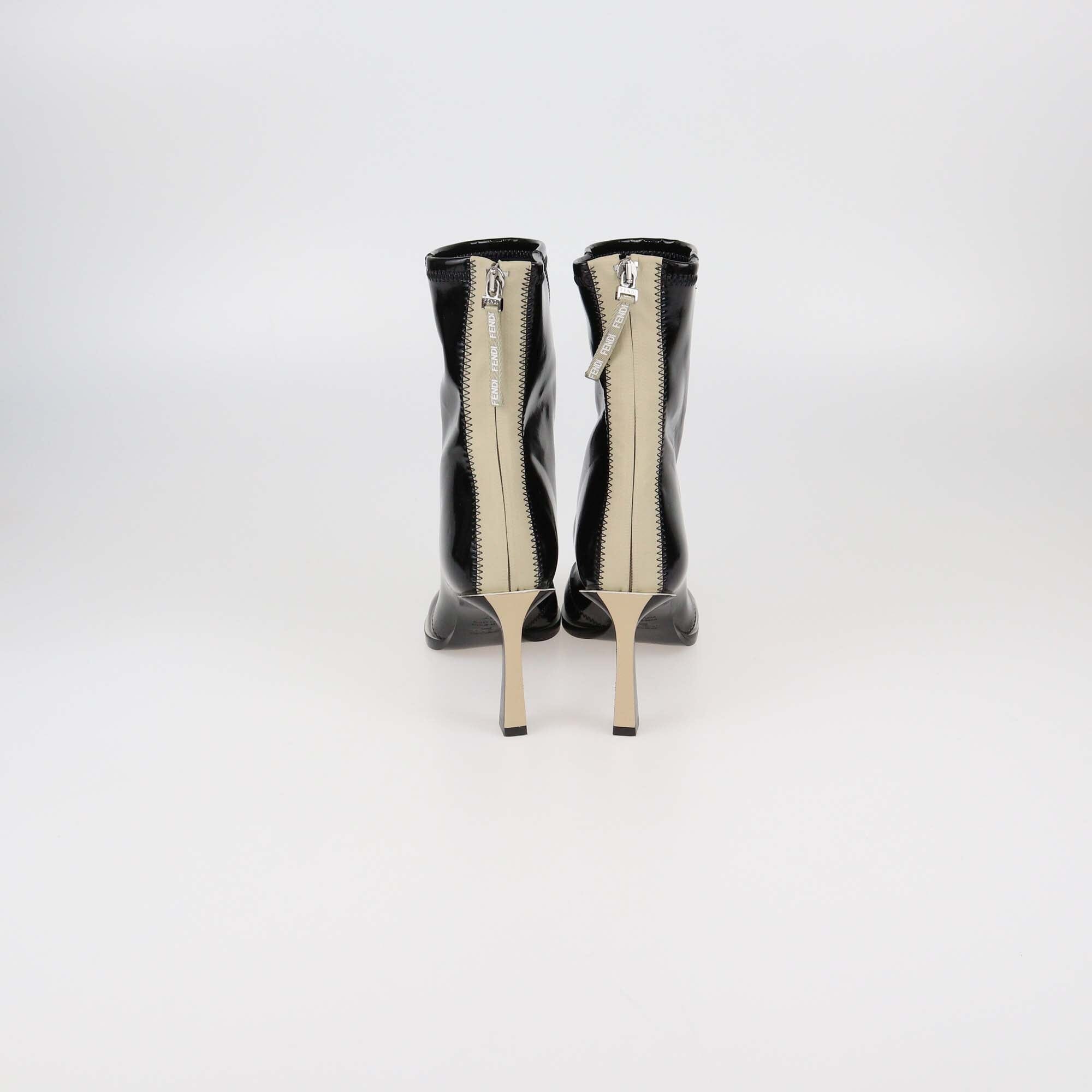 Fendi Black/Beige Coated Fabric Fframe Ankle Boots Womens Fendi