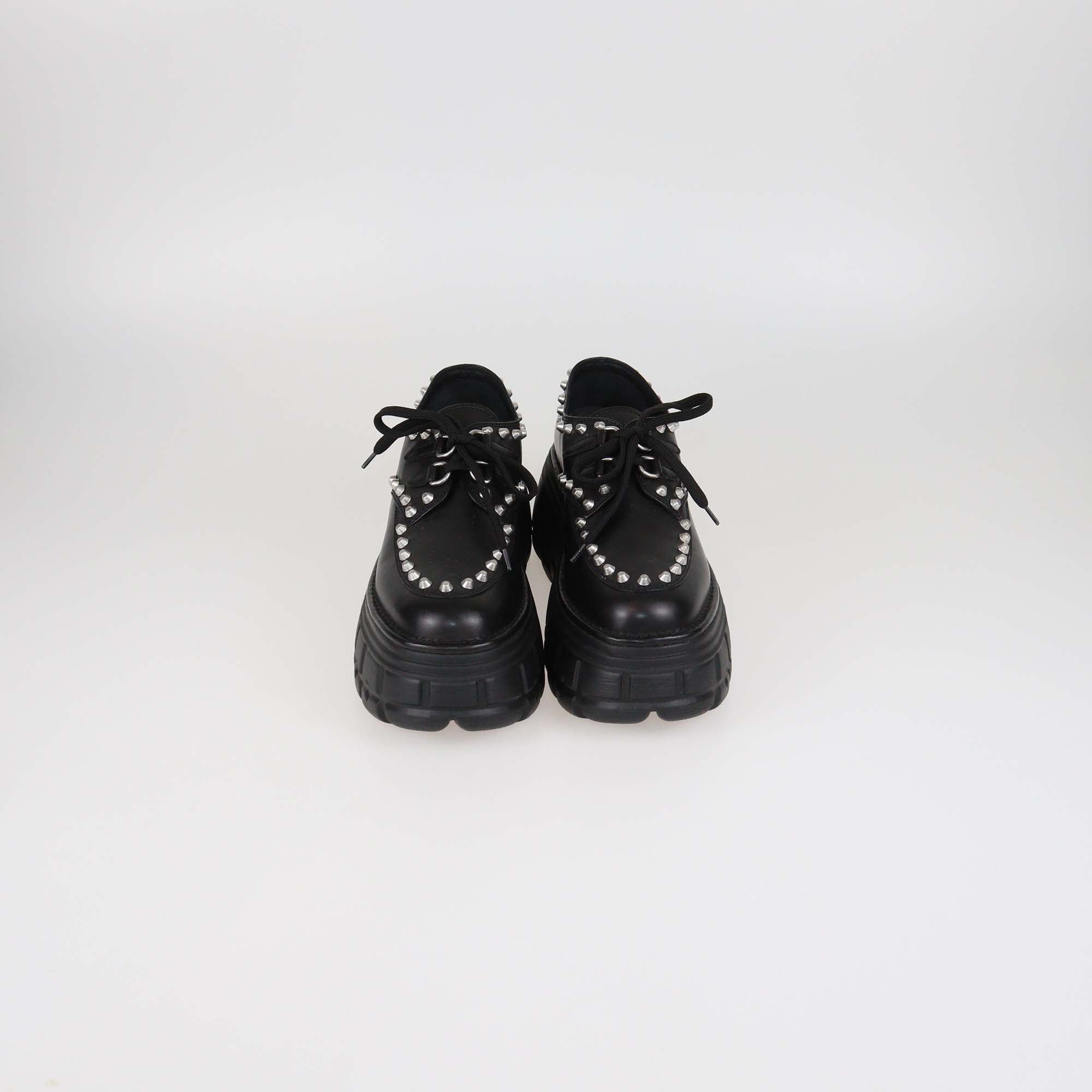 Miu Miu Black Leather Studded Platform Lace Up Derby Shoes