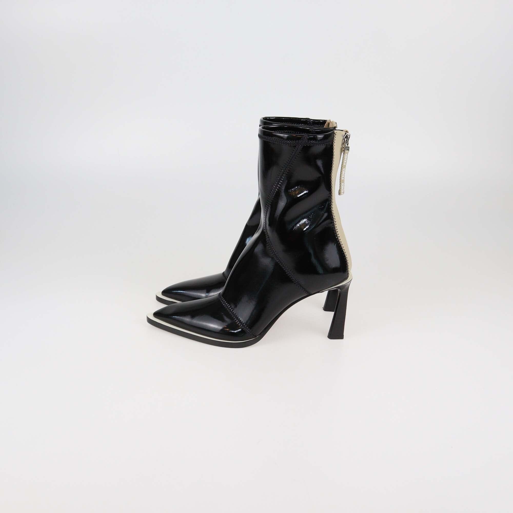 Fendi Black/Beige Coated Fabric Fframe Ankle Boots Womens Fendi