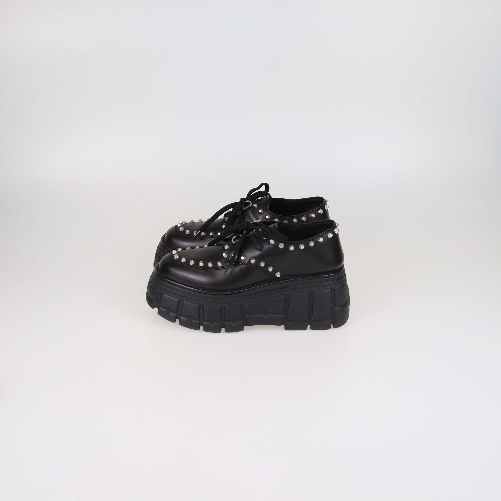 Miu Miu Black Leather Studded Platform Lace Up Derby Shoes