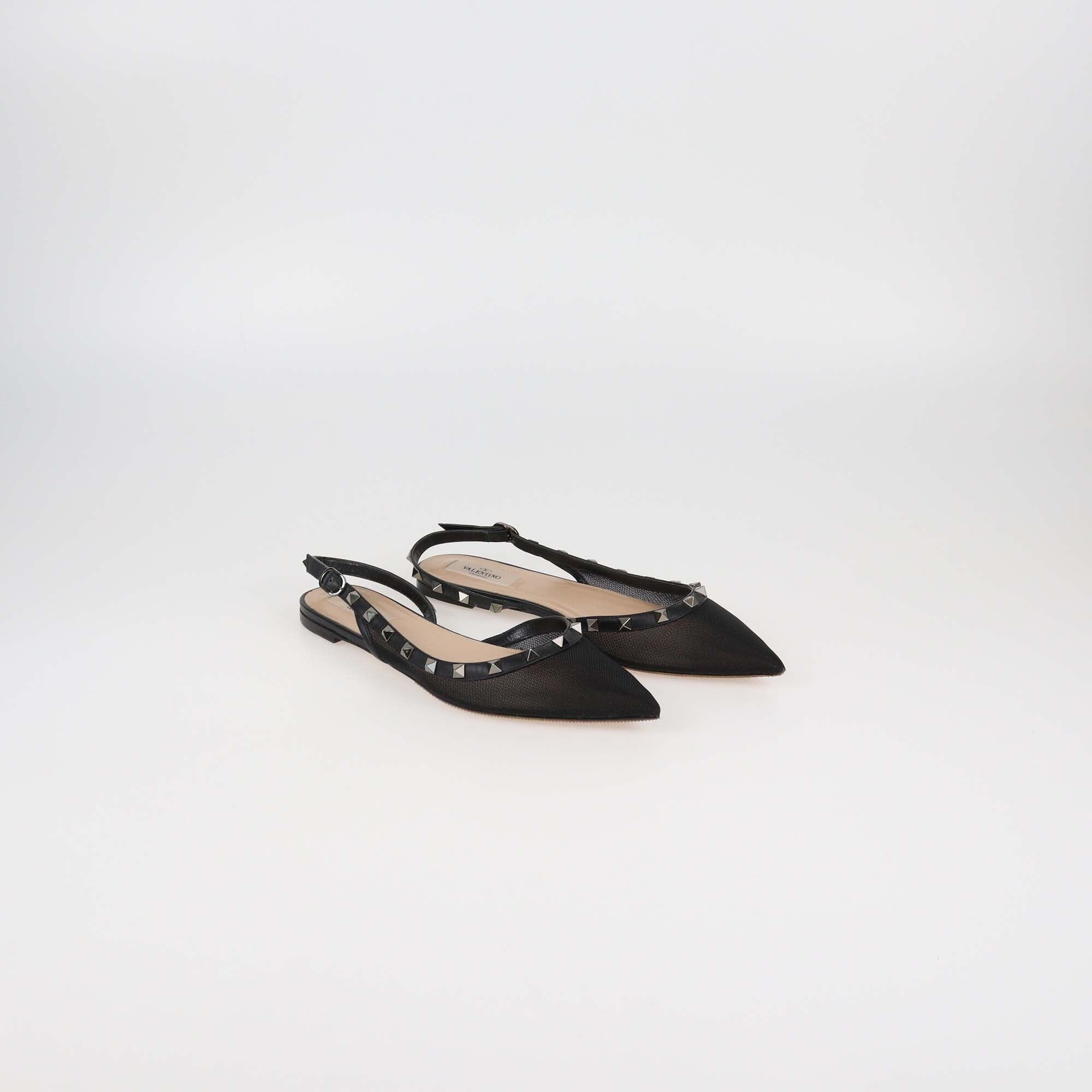 Valentino Black Mesh and Leather Rockstud Pointed Toe Slingback Flats Womens Valentino