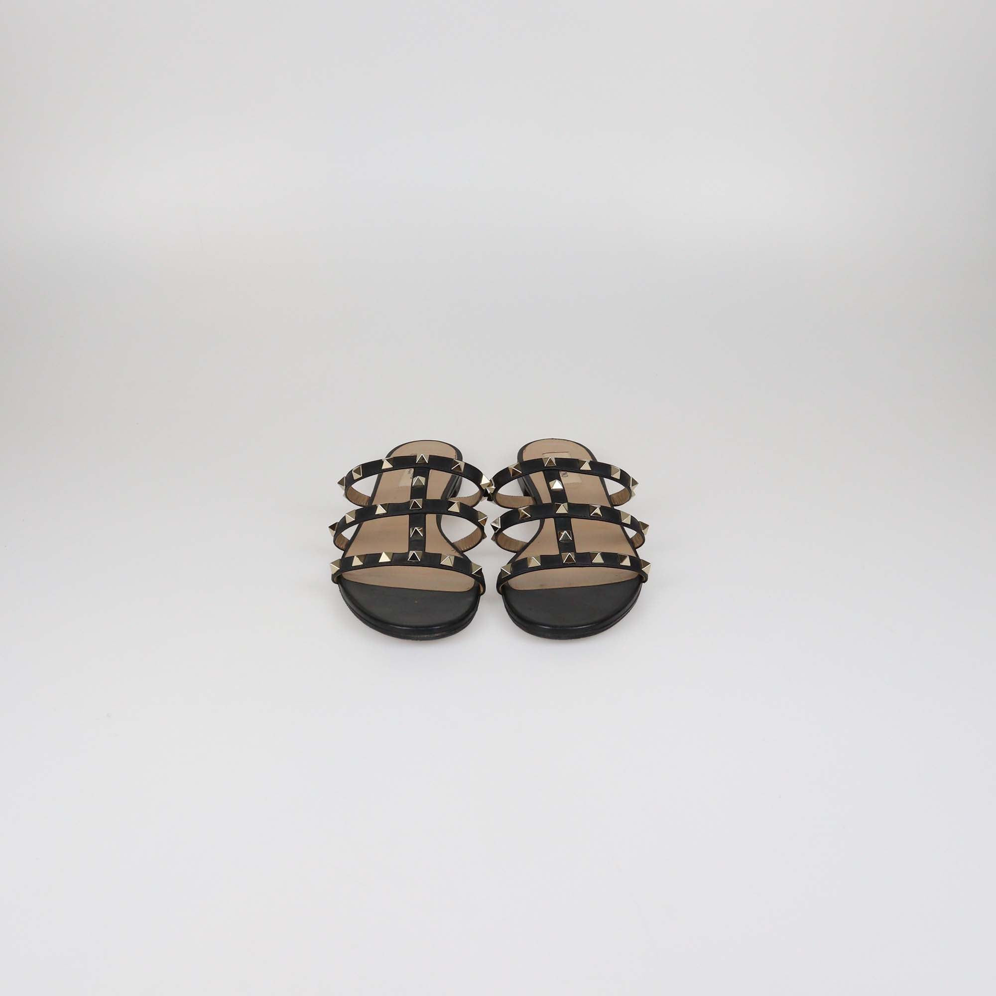 Valentino Black Leather Rockstud T-Strap Caged Flat Mules