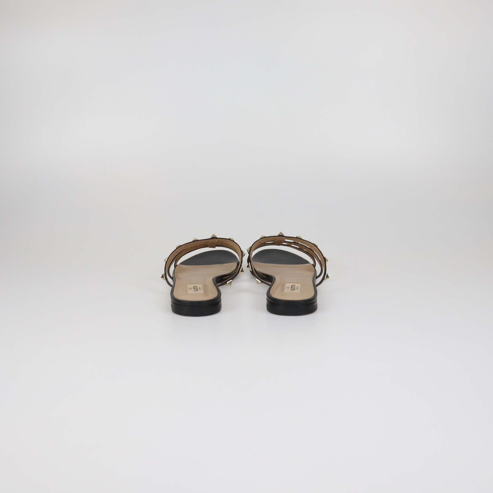 Valentino Black Leather Rockstud T-Strap Caged Flat Mules