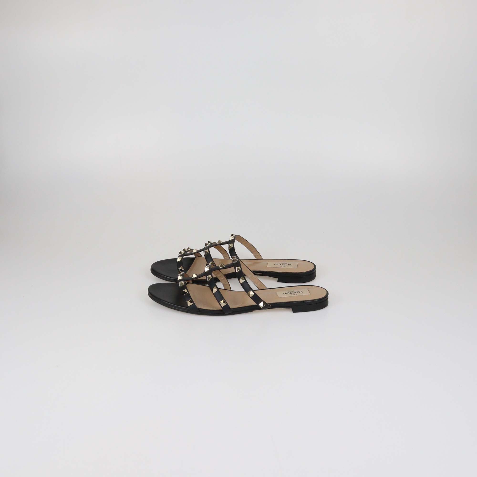 Valentino Black Leather Rockstud T-Strap Caged Flat Mules