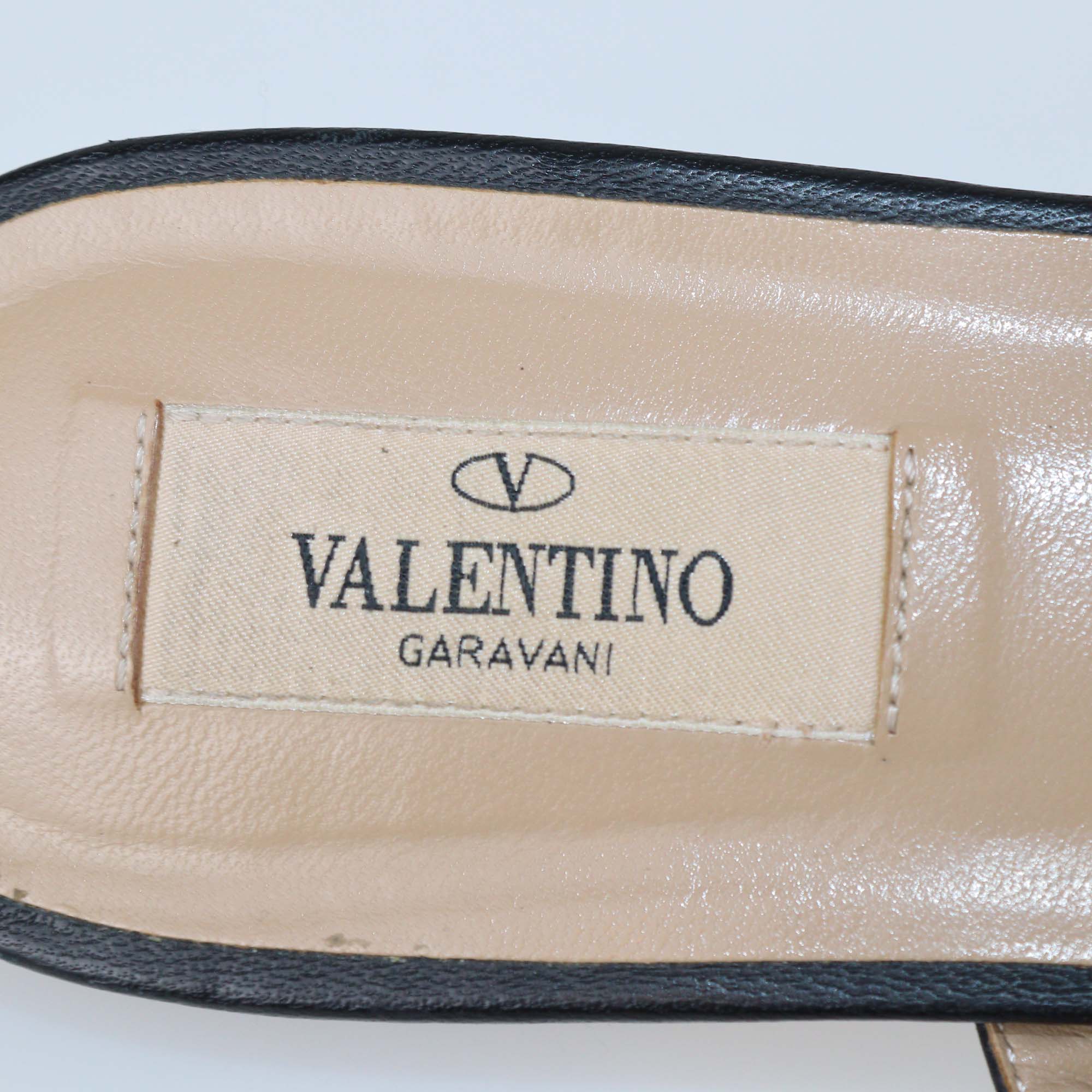 Valentino Black Leather Rockstud T-Strap Caged Flat Mules