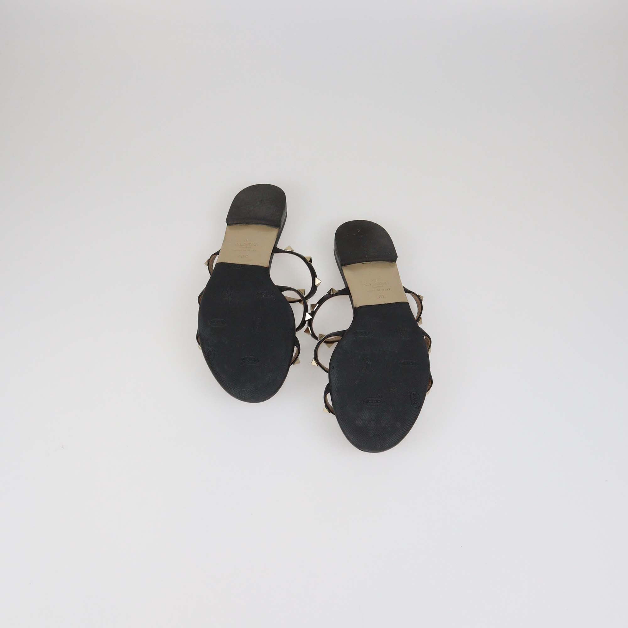 Valentino Black Leather Rockstud T-Strap Caged Flat Mules