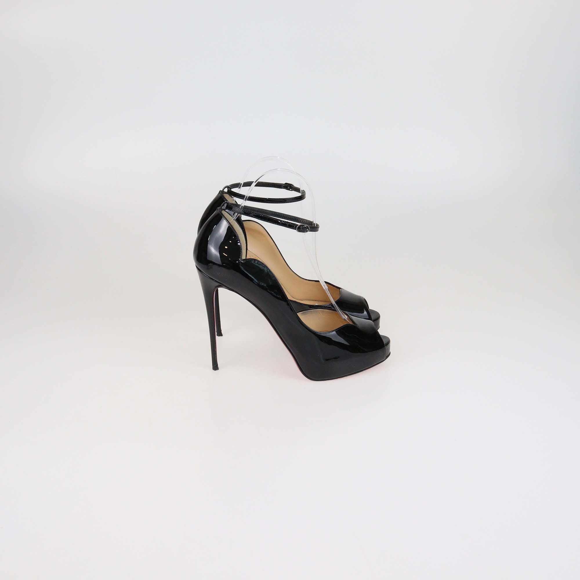 Christian Louboutin Black Patent Leather Round Chick Alta Platform Ankle Strap Pumps