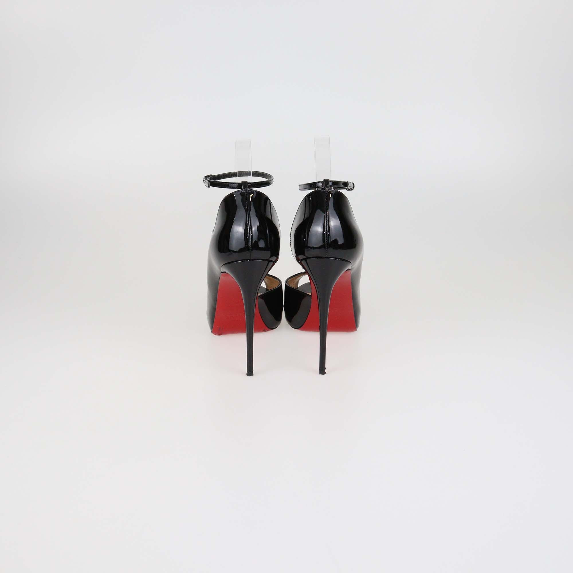 Christian Louboutin Black Patent Leather Round Chick Alta Platform Ankle Strap Pumps