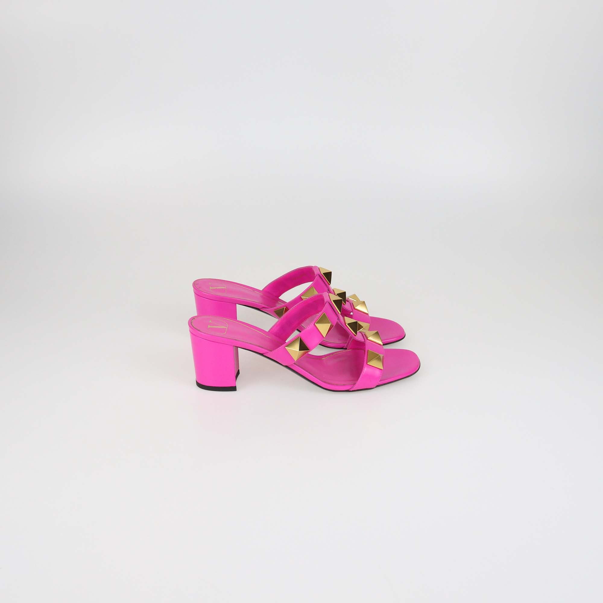 Valentino Fuchsia Leather Roman Stud Block Heel Sandals
