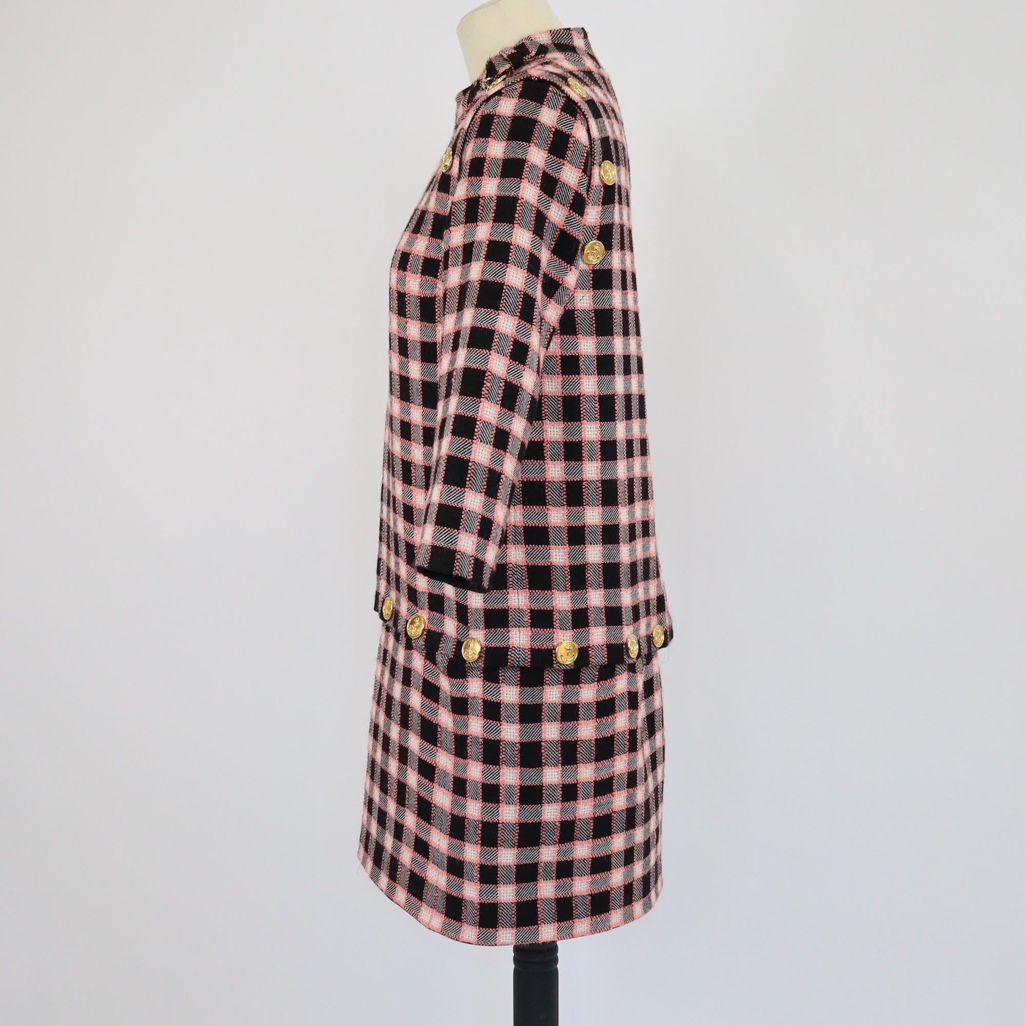 Gucci Multicolor Plaid Print Tweed Removable Three Quarter Sleeve & Skirt Mock Neck Tunic Dress Womens Gucci