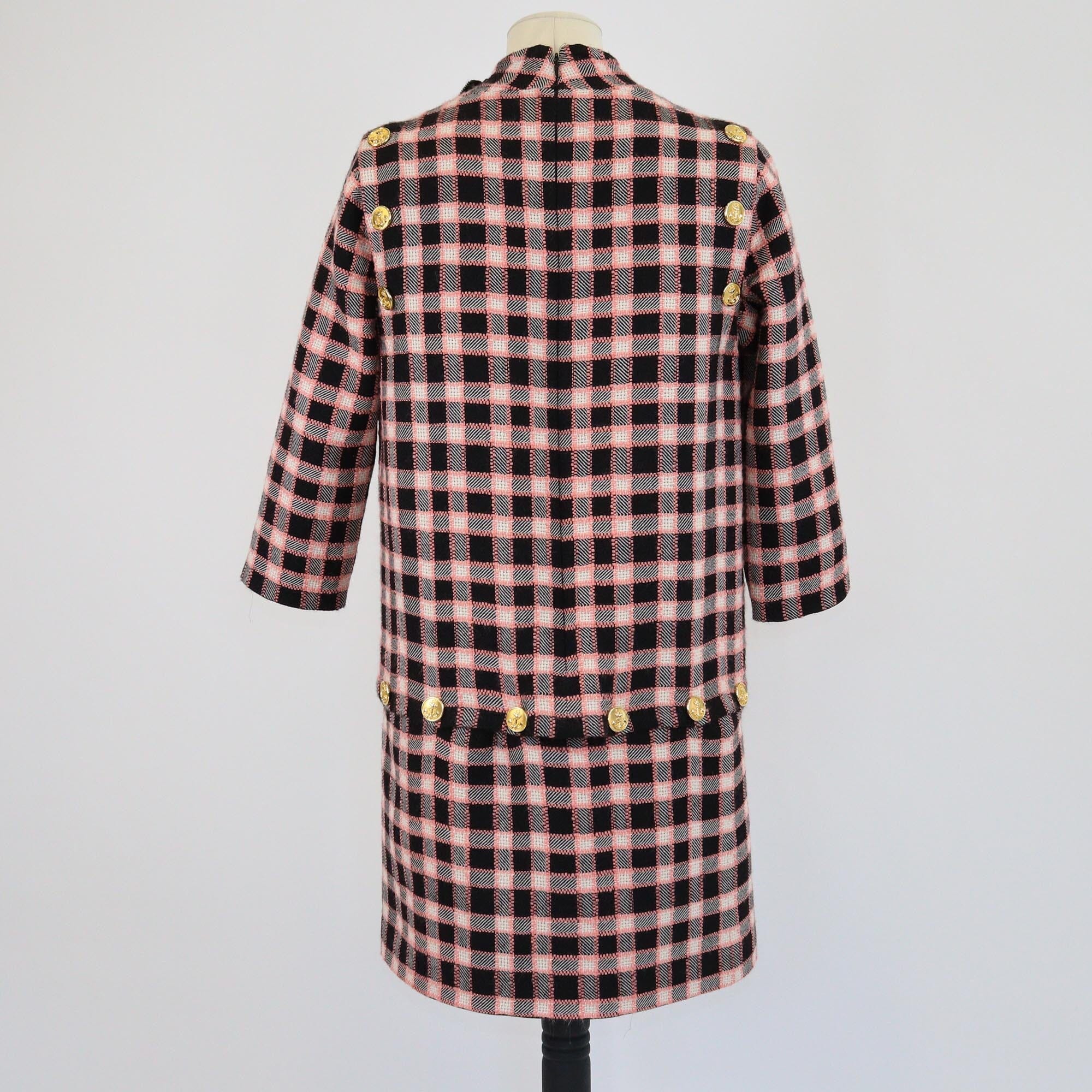 Gucci Multicolor Plaid Print Tweed Removable Three Quarter Sleeve & Skirt Mock Neck Tunic Dress Womens Gucci