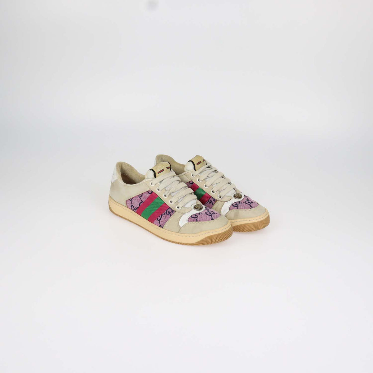Gucci Beige, Pink GG Canvas and Suede Screener Sneakers