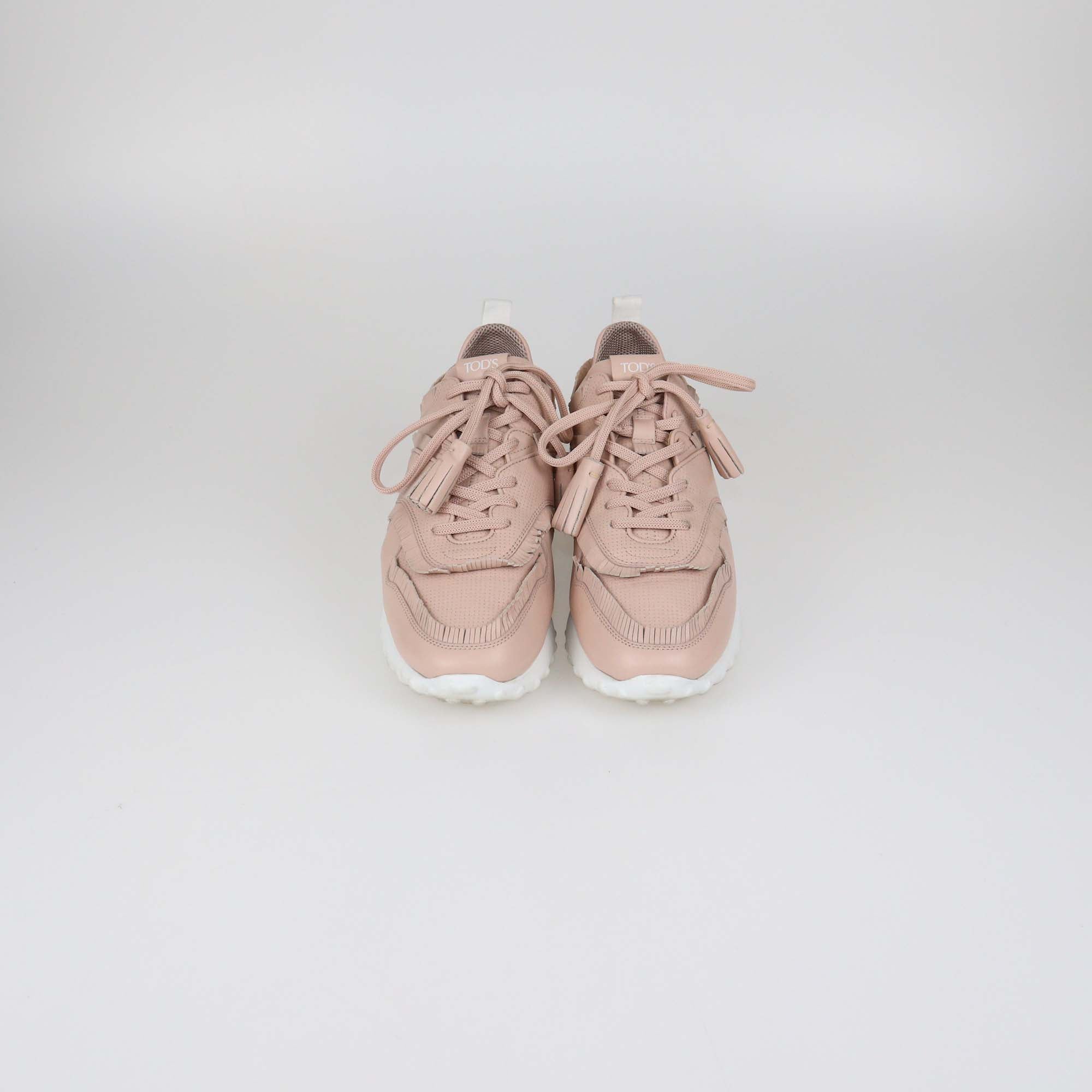 Tod's Pink Perforated Leather Fringed Tassel Low Top Sneakers