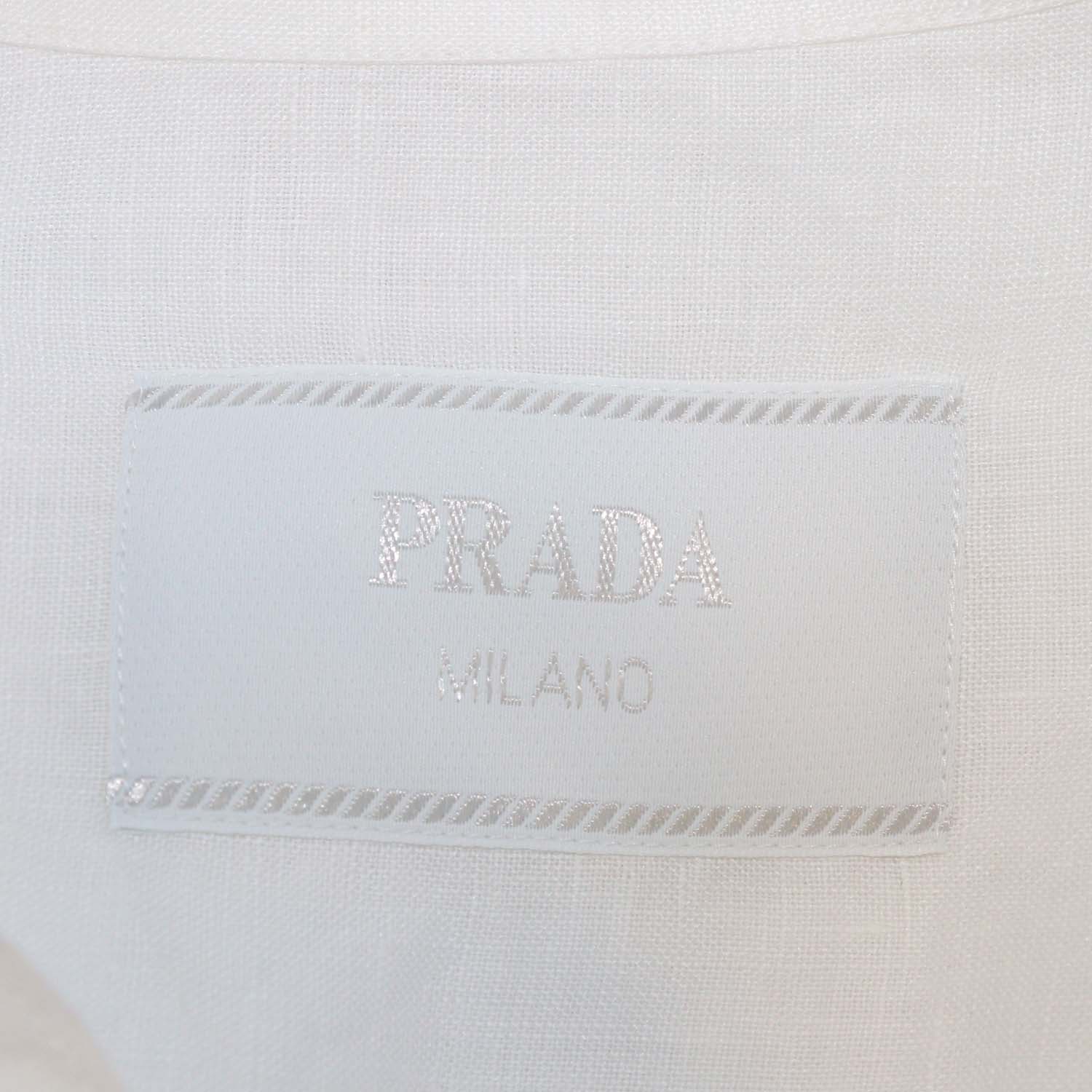 Prada White Linen Logo Patch Short Sleeve Shirt