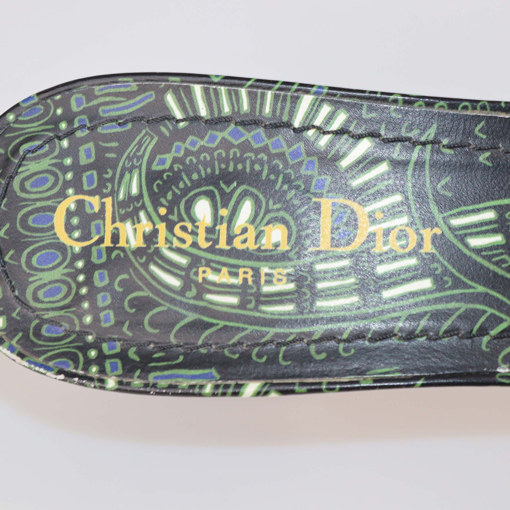 Christian Dior Green Embroidered Canvas Dway Sandals