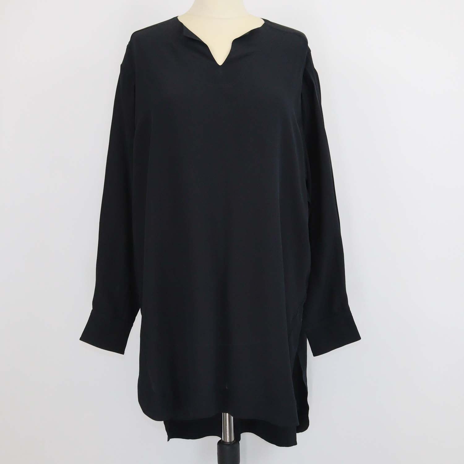Chloe Navy Blue Silk Long Sleeve V-Neck Tunic Top