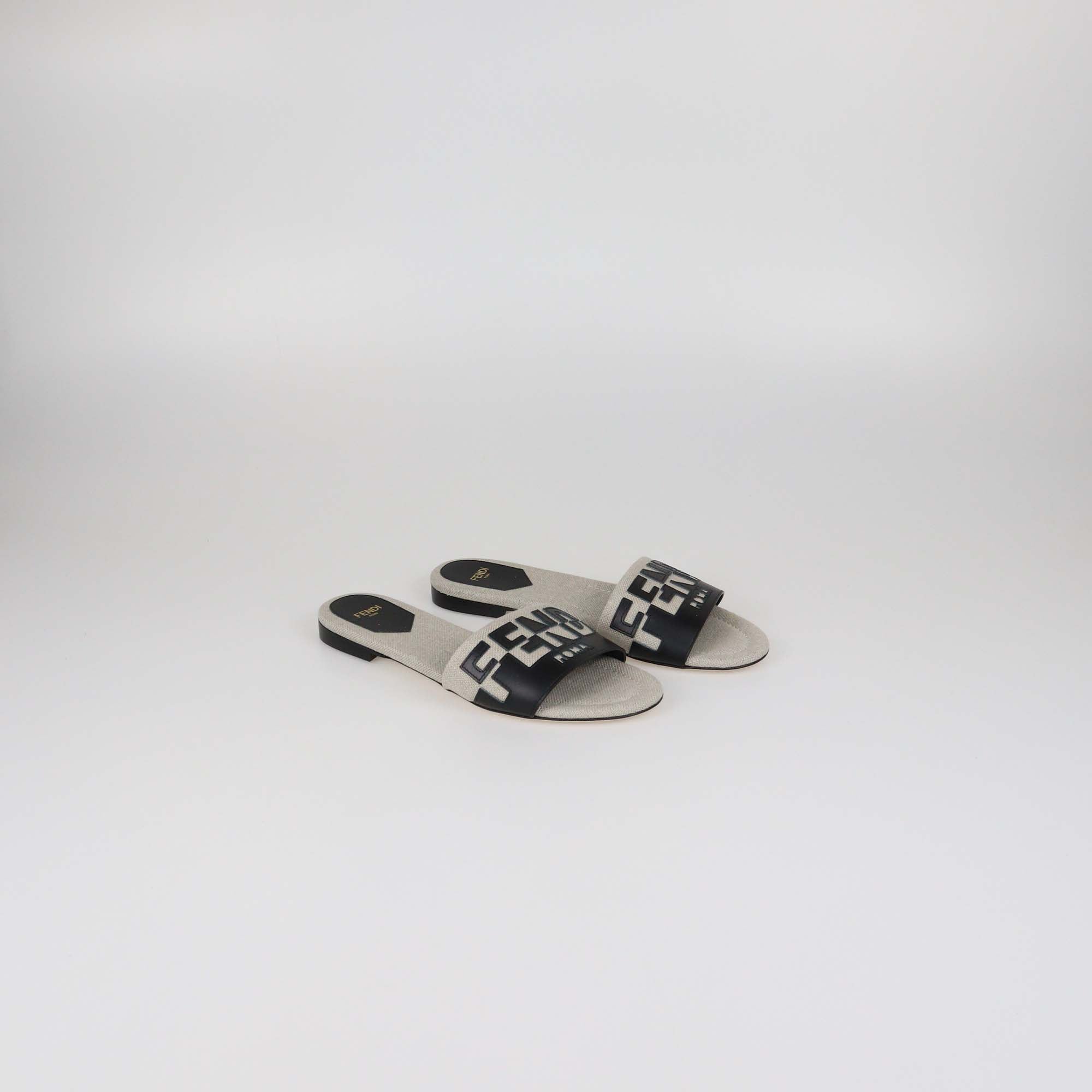 Fendi Beige/Black Canvas and Leather Logo Flat Slides