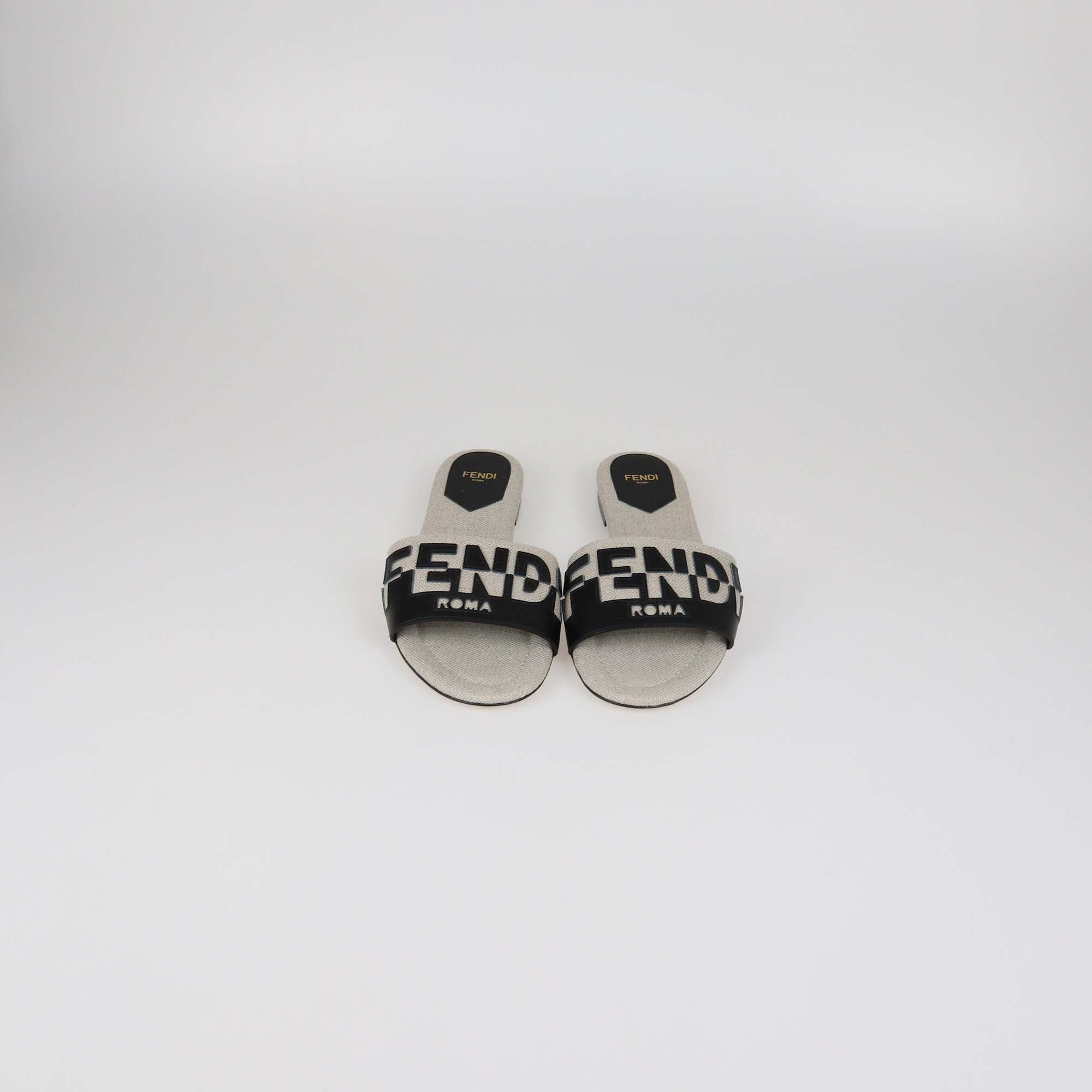Fendi Beige/Black Canvas and Leather Logo Flat Slides