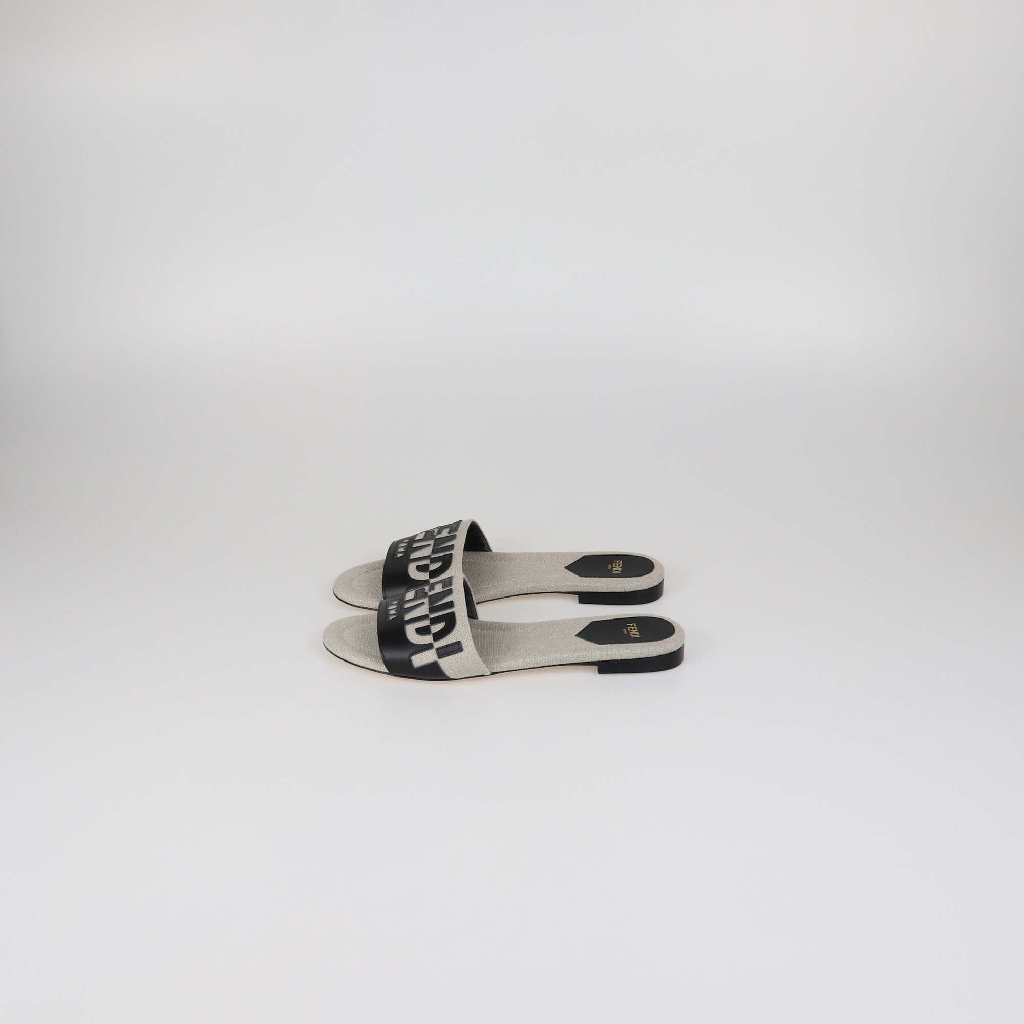 Fendi Beige/Black Canvas and Leather Logo Flat Slides