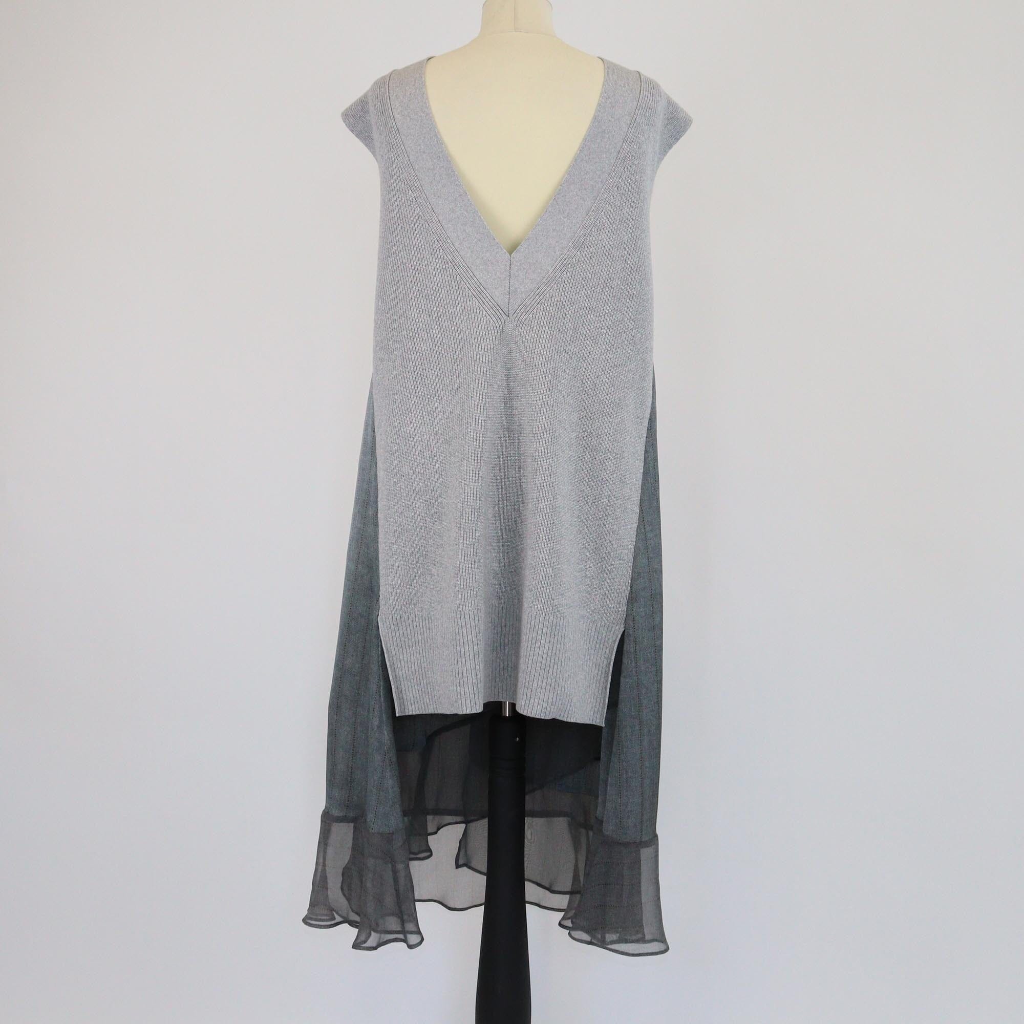 Sacai Grey Pinstripe Layered Knitted Front Sleeveless Midi Dress Womens Sacai